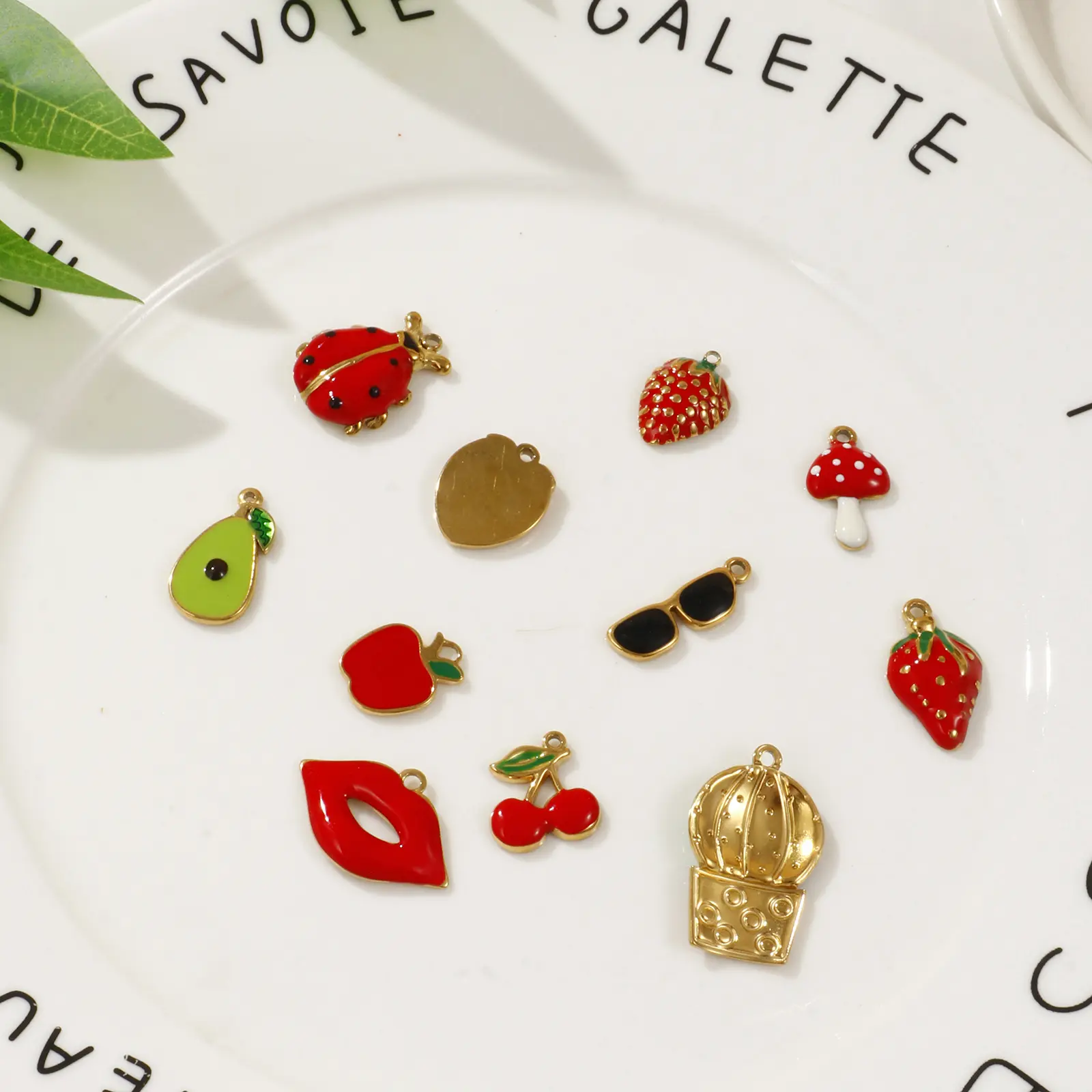 2 Pcs 304 Stainless Steel Charms 18K Real Gold Plated Red Enamel Fruit Mushroom Avocado Apple Strawberry Pendants Necklace DIY