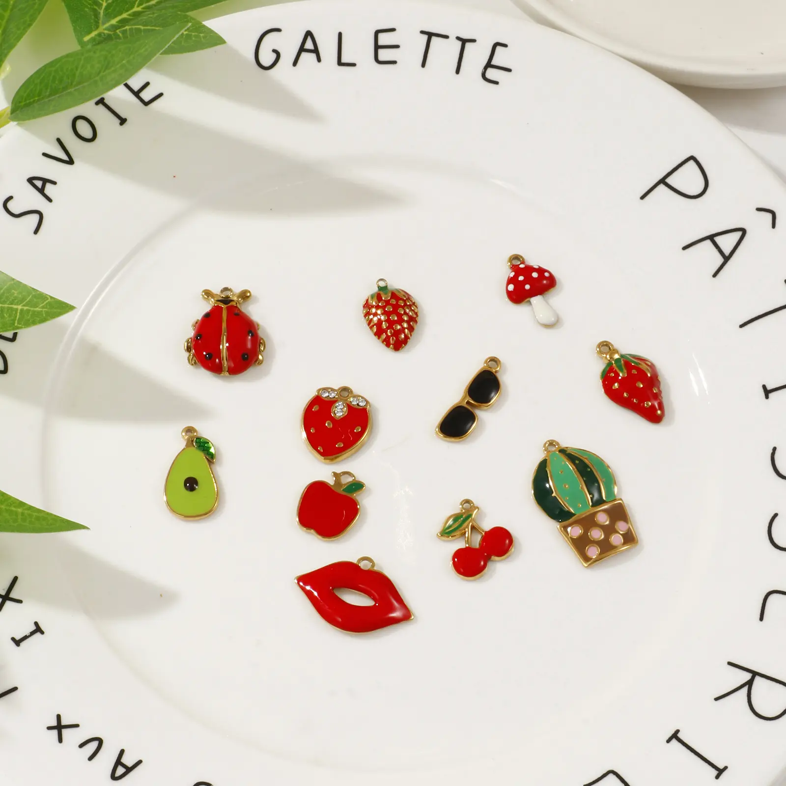 2 Pcs 304 Stainless Steel Charms 18K Real Gold Plated Red Enamel Fruit Mushroom Avocado Apple Strawberry Pendants Necklace DIY
