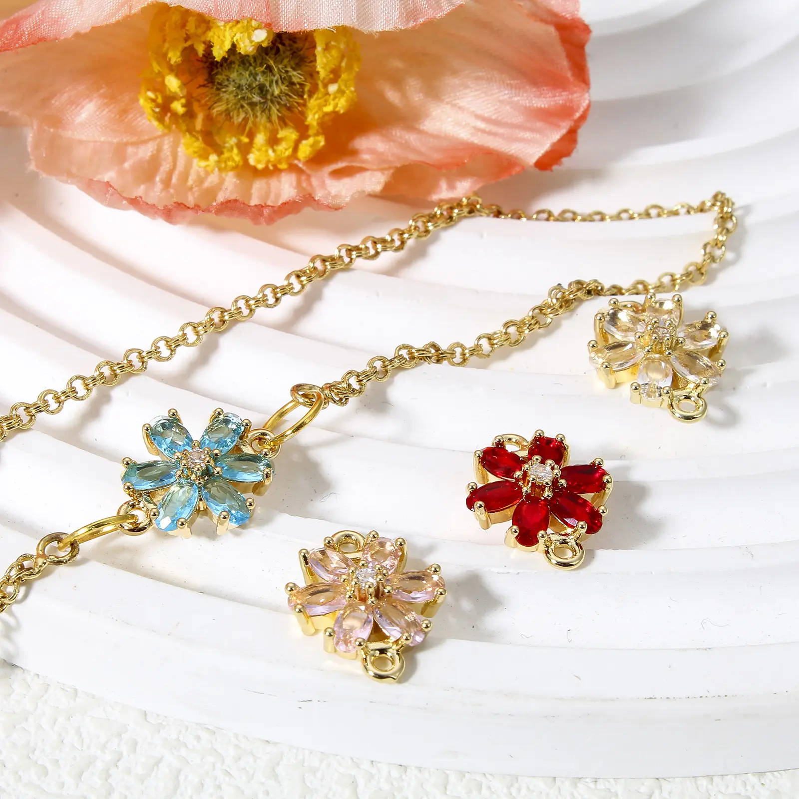 5 PCs Flower Brass & Glass Connectors Charms Gold Color Multicolor Pendants For DIY Necklace Jewelry Making Findings 16mm x 13mm