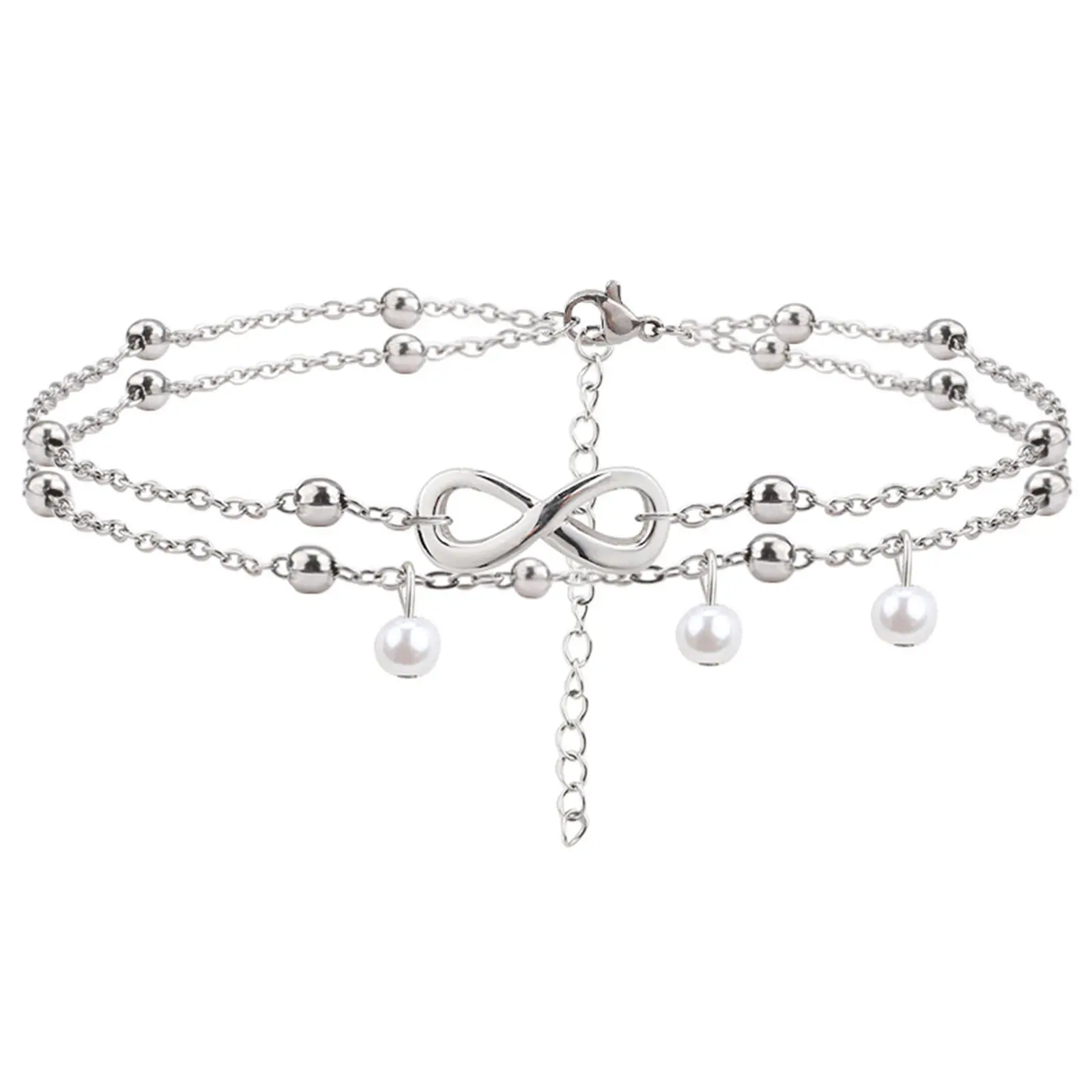 304 Stainless Steel Stylish Link Cable Chain Multilayer Layered Anklet Imitation Pearl Infinity Symbol 22cm(8 5/8") long, 1Piece
