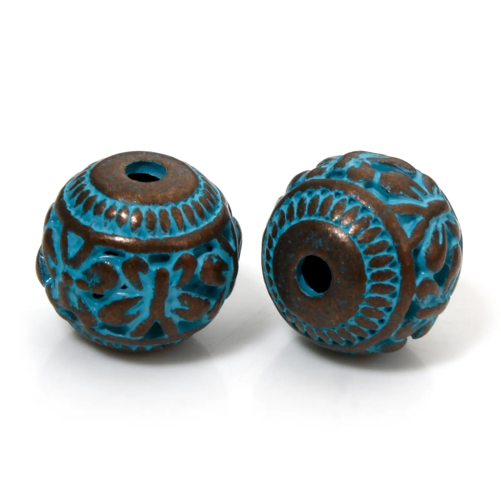 10 PCs Zinc Based Alloy Patina Spacer Beads For DIY Jewelry Making Antique Copper Blue Round Carved Pattern Charm Findings