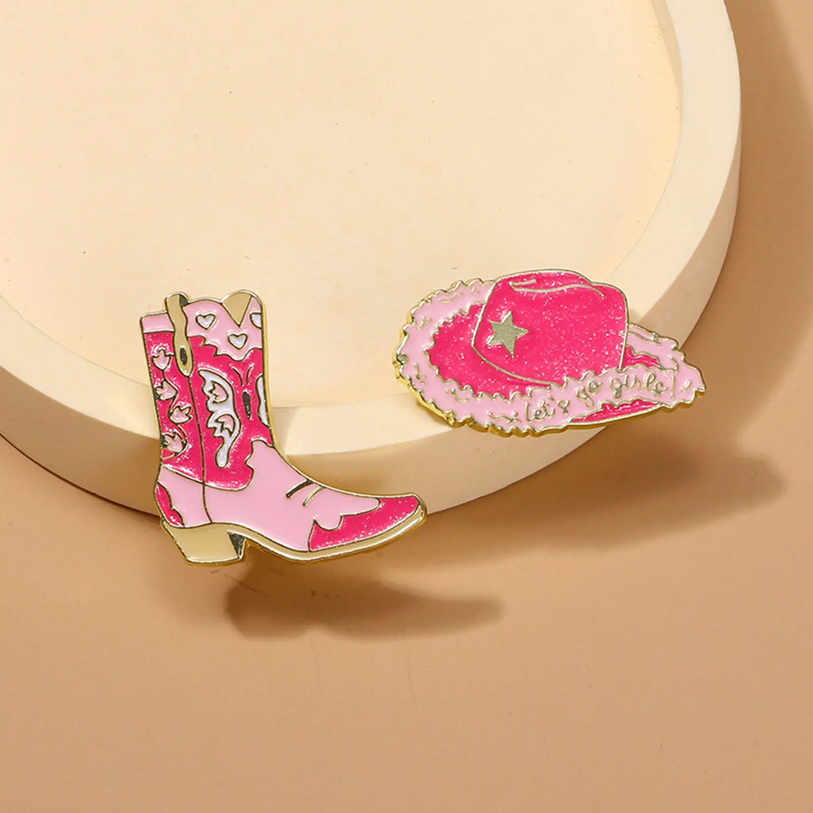 1 Piece West Cowboy Pin Brooches HatBoots Gold Color Pink Enamel Bag Dress Decoration Buckle Badge Jewelry Accessories For Women