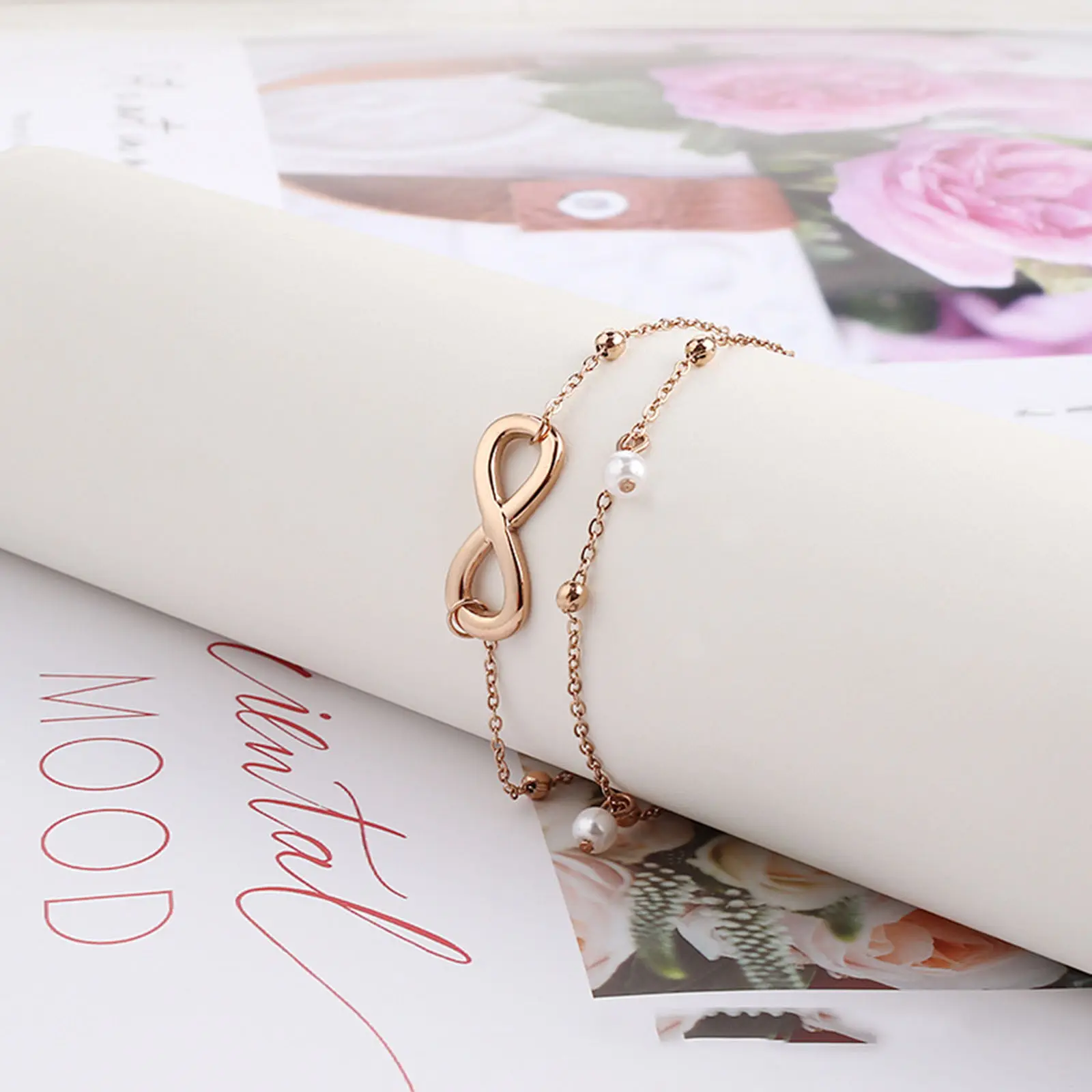 304 Stainless Steel Stylish Link Cable Chain Multilayer Layered Anklet Imitation Pearl Infinity Symbol 22cm(8 5/8") long, 1Piece