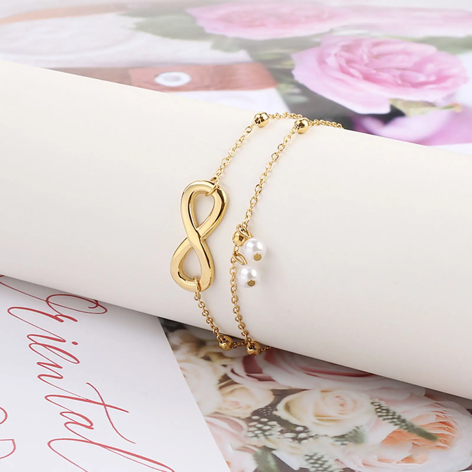 304 Stainless Steel Stylish Link Cable Chain Multilayer Layered Anklet Imitation Pearl Infinity Symbol 22cm(8 5/8") long, 1Piece