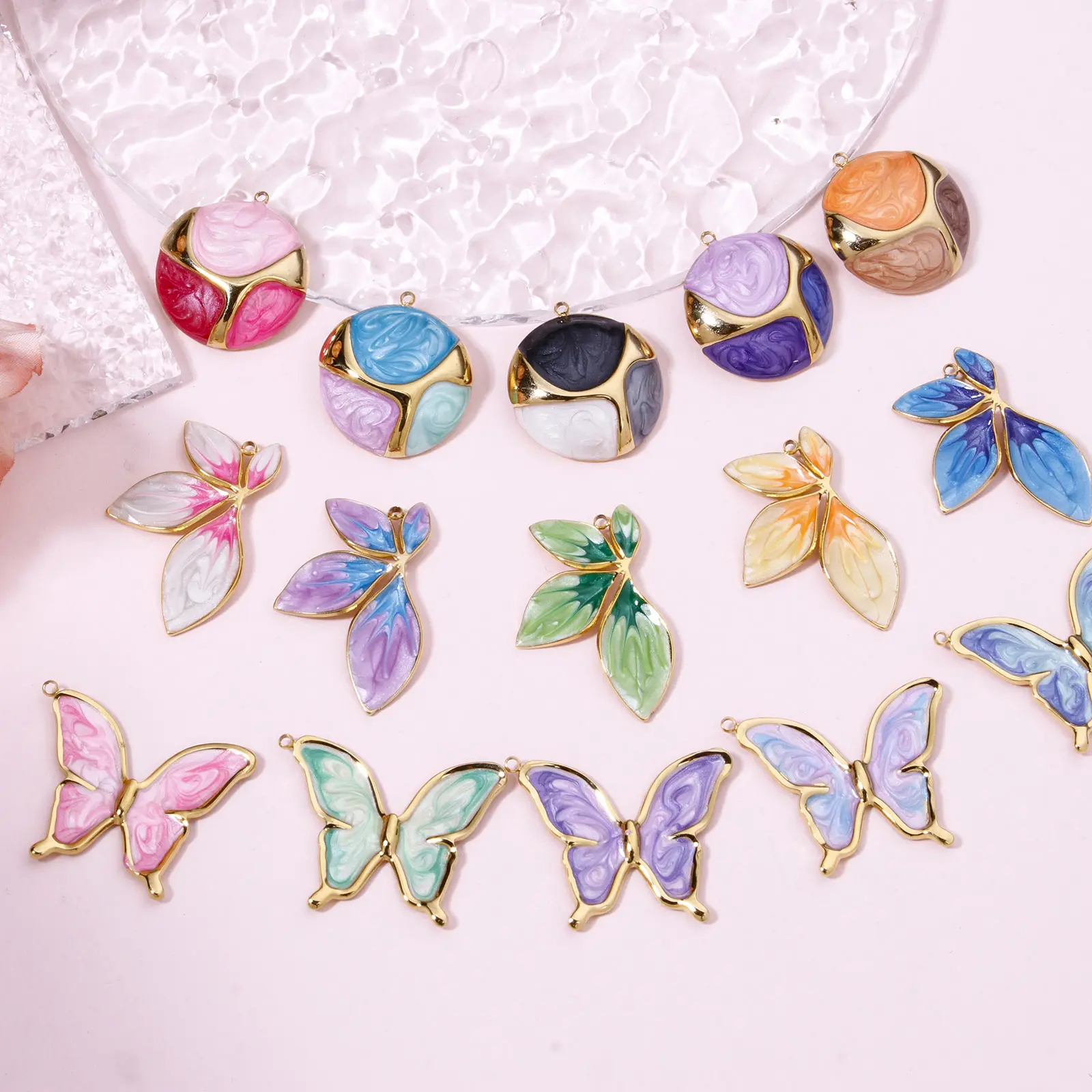 1Piece 304 Stainless Steel Retro Pendants Multicolor Gradient Color Butterfly Animal Enamel Golden Charms For DIY Jewelry Making