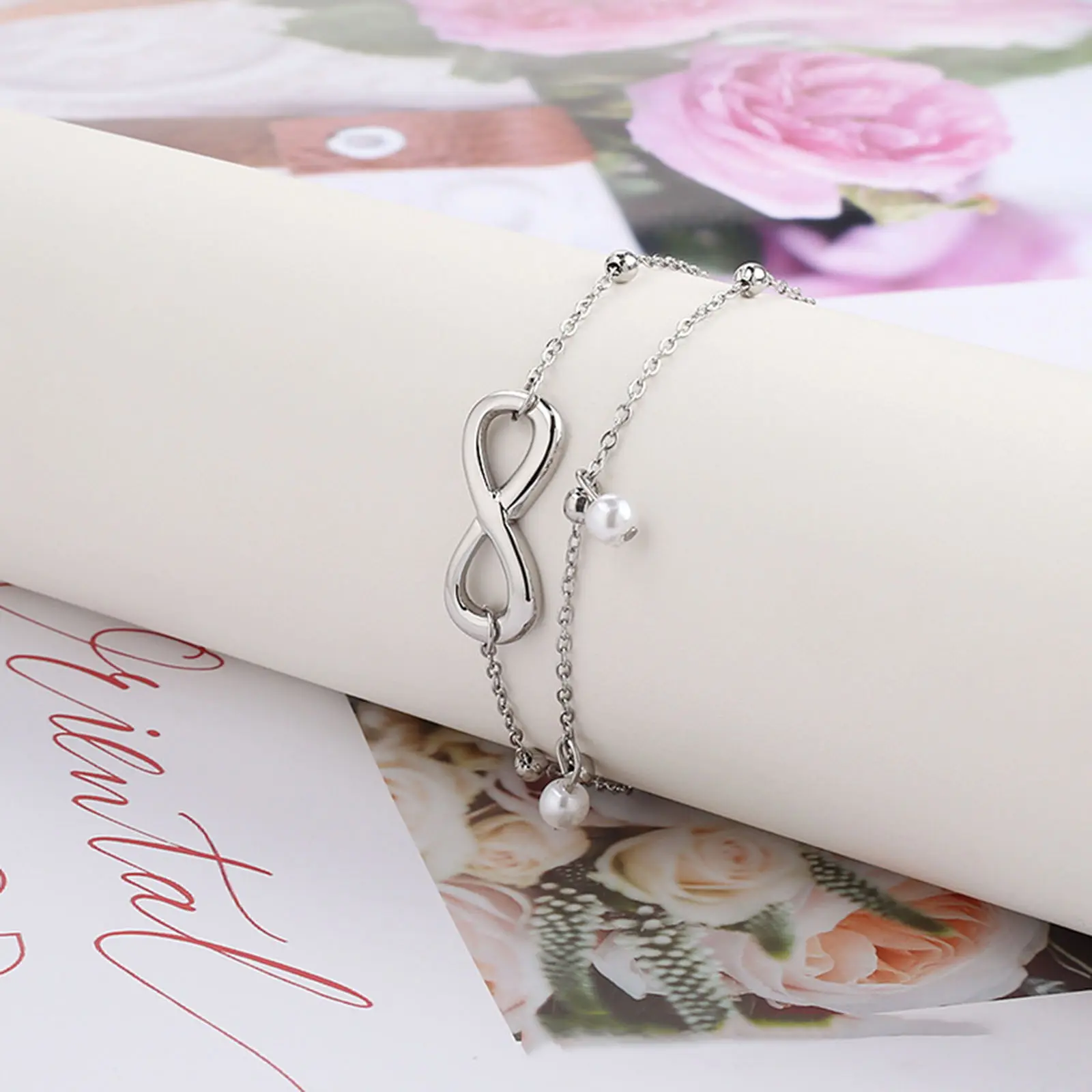 304 Stainless Steel Stylish Link Cable Chain Multilayer Layered Anklet Imitation Pearl Infinity Symbol 22cm(8 5/8") long, 1Piece