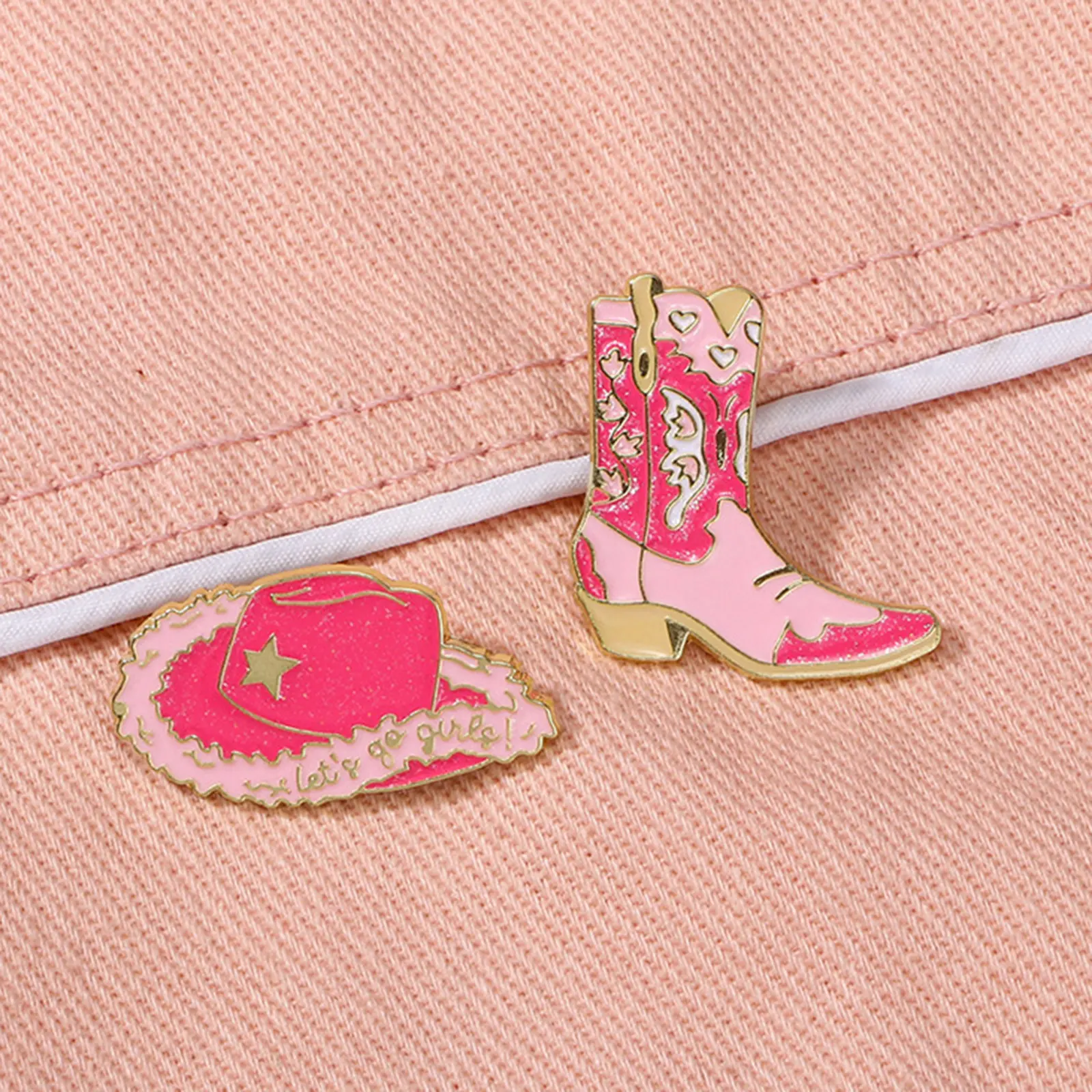 1 Piece West Cowboy Pin Brooches HatBoots Gold Color Pink Enamel Bag Dress Decoration Buckle Badge Jewelry Accessories For Women
