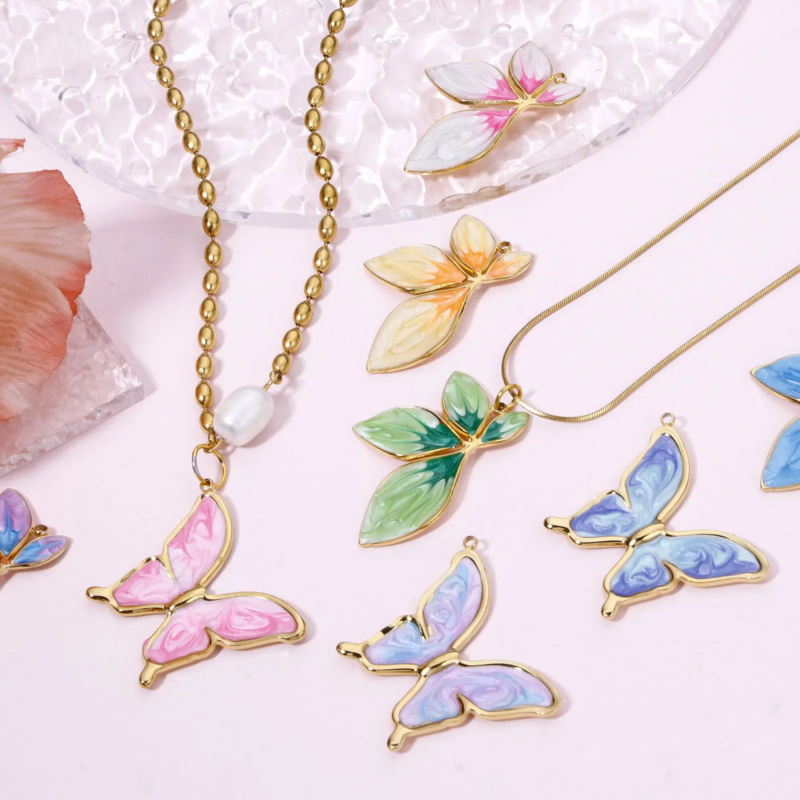 1Piece 304 Stainless Steel Retro Pendants Multicolor Gradient Color Butterfly Animal Enamel Golden Charms For DIY Jewelry Making