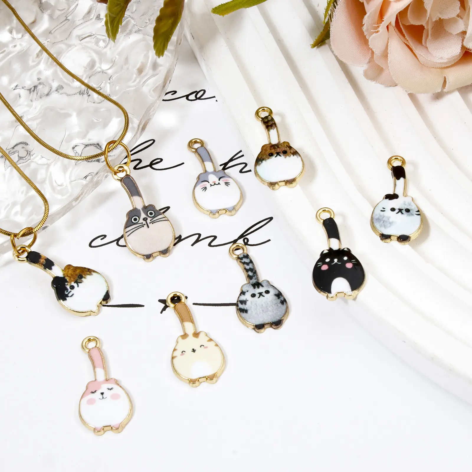 10 Piece Zinc Based Alloy Cat Animal Enamel Charms Gold Plated Multicolor Metal Pendants For DIY Jewelry Making 23mm x 11mm