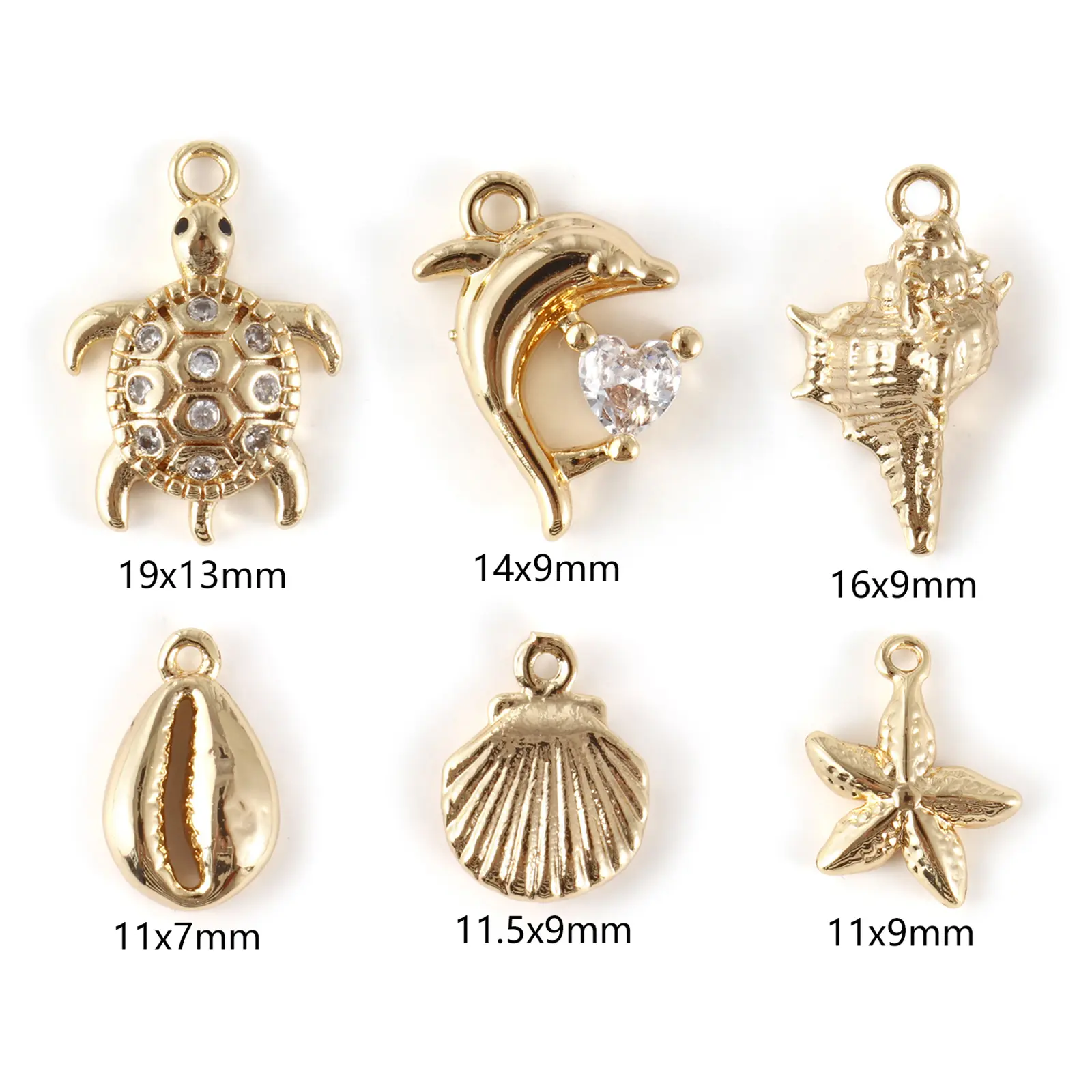 1 Set ( 6 PCs/Set) Brass Ocean Jewelry Charms 18K Gold Plated Shell Mixed 3D Dolphin Shell Conch Starfish Turtle Pendants DIY