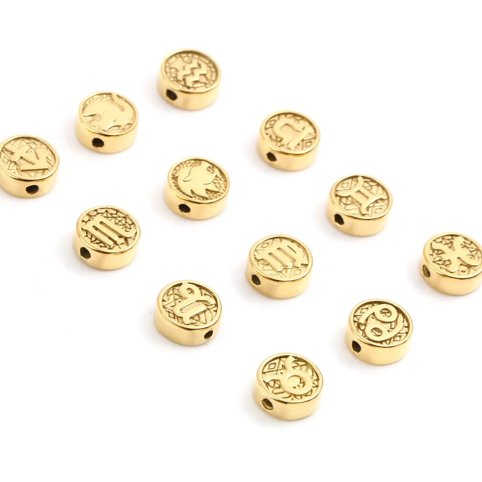 Stainless Steel Constellation Spacer Beads Flat Round Gold Color For Jewelry Making Findings 10mm Dia., Hole: Approx 1.8mm, 1PC