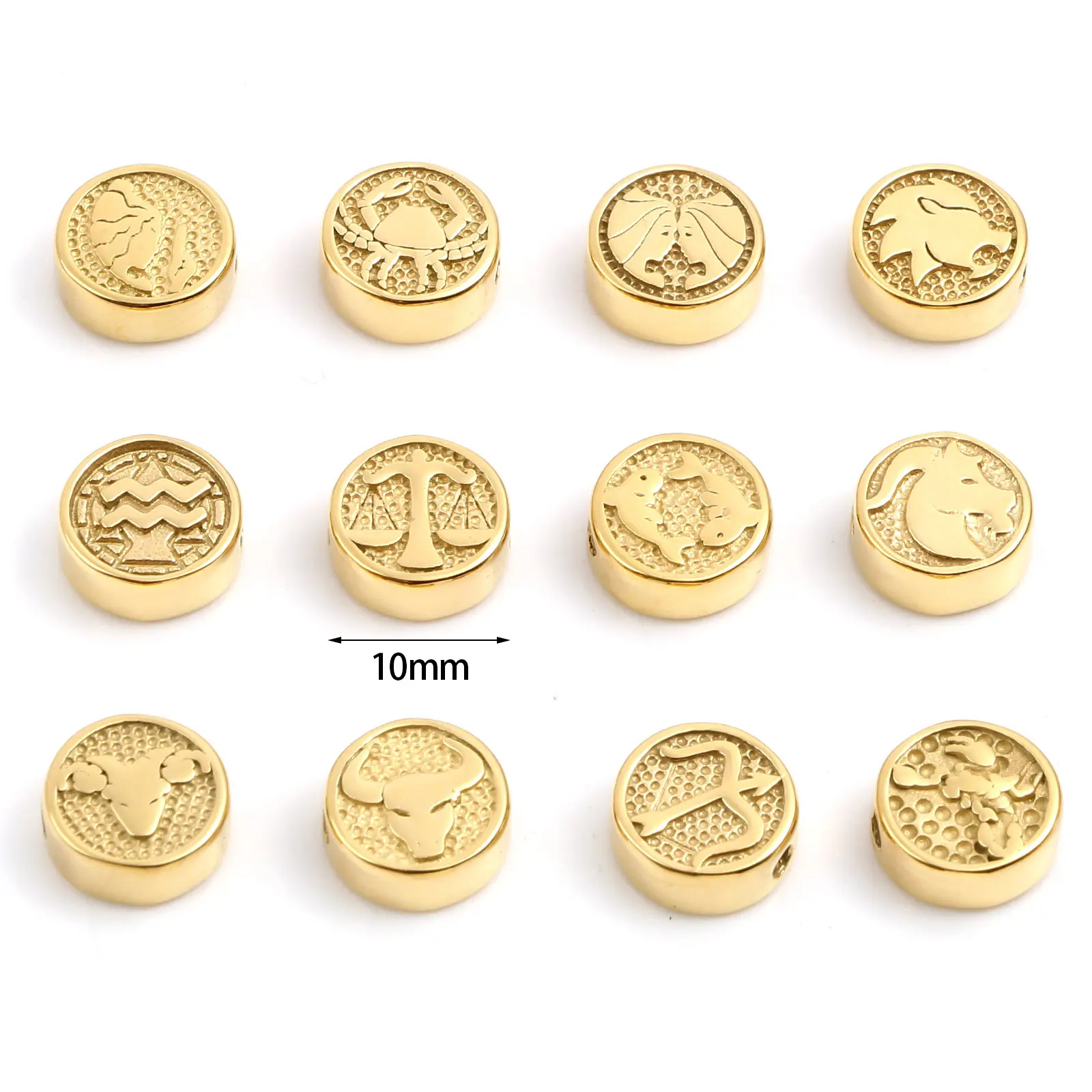 Stainless Steel Constellation Spacer Beads Flat Round Gold Color For Jewelry Making Findings 10mm Dia., Hole: Approx 1.8mm, 1PC