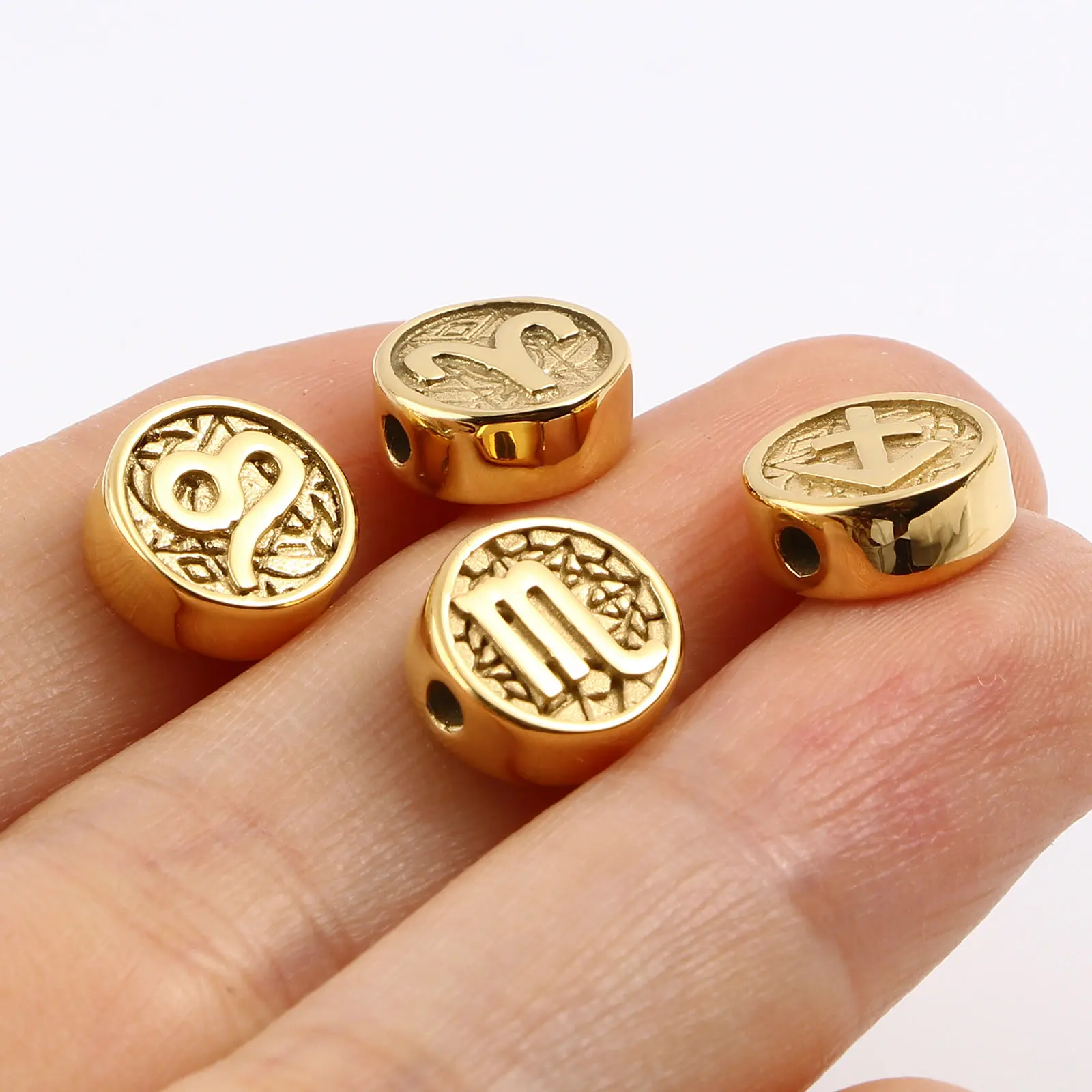 Stainless Steel Constellation Spacer Beads Flat Round Gold Color For Jewelry Making Findings 10mm Dia., Hole: Approx 1.8mm, 1PC