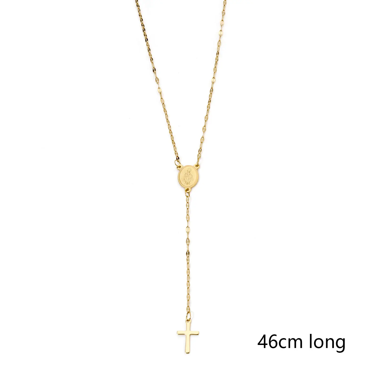 1 Piece 304 Stainless Steel Lips Chain Prayer Beads Rosary Necklace 18K Gold Plated Cross Virgin Mary 46cm(18.1") long