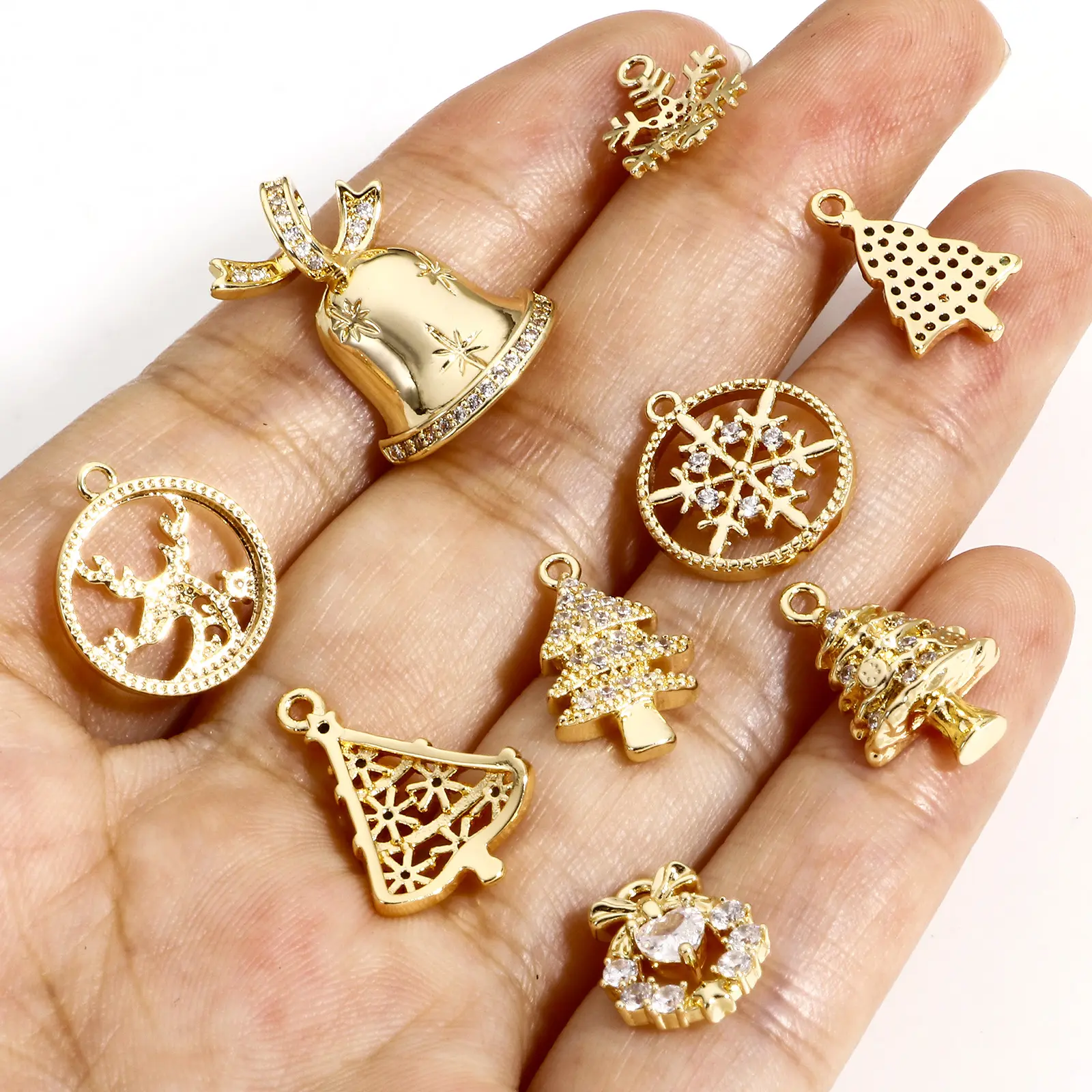 1 Piece Copper Christmas Charms Gold Color Metal Pendants Rhinestone Snowflake Sock Deer Christmas Tree For DIY Jewelry Making