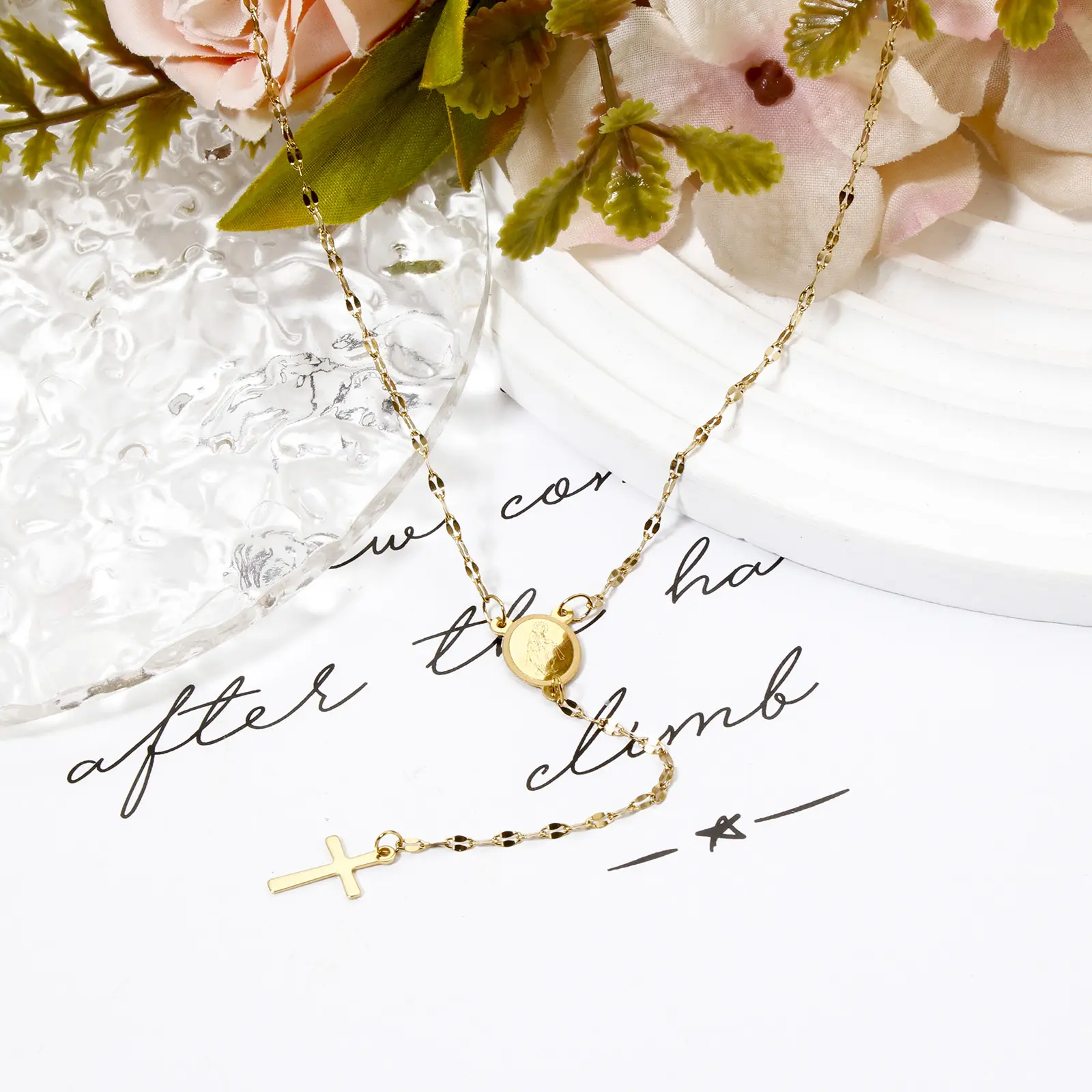 1 Piece 304 Stainless Steel Lips Chain Prayer Beads Rosary Necklace 18K Gold Plated Cross Virgin Mary 46cm(18.1") long