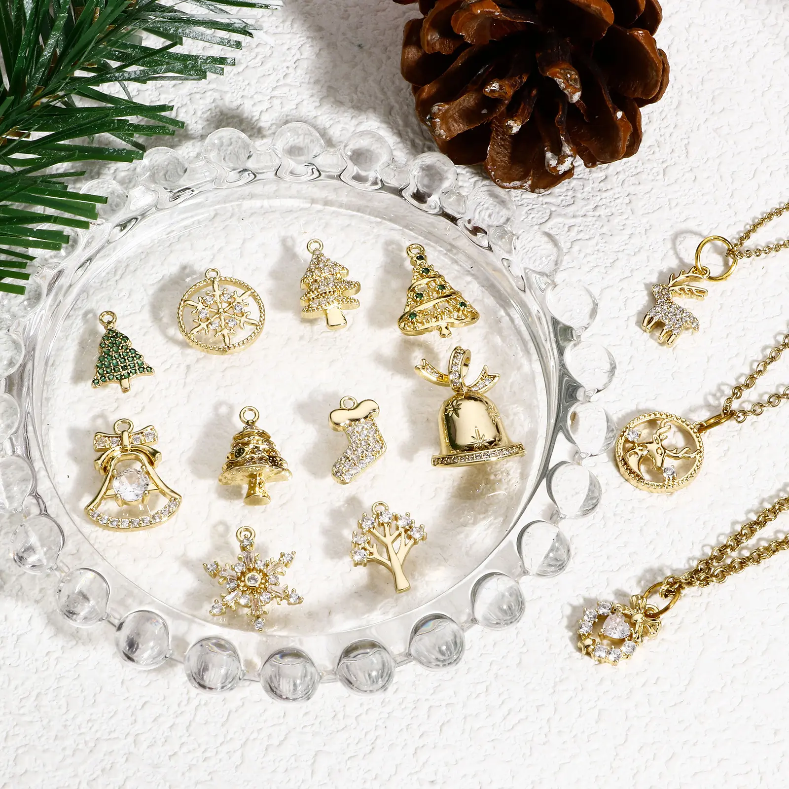 1 Piece Copper Christmas Charms Gold Color Metal Pendants Rhinestone Snowflake Sock Deer Christmas Tree For DIY Jewelry Making