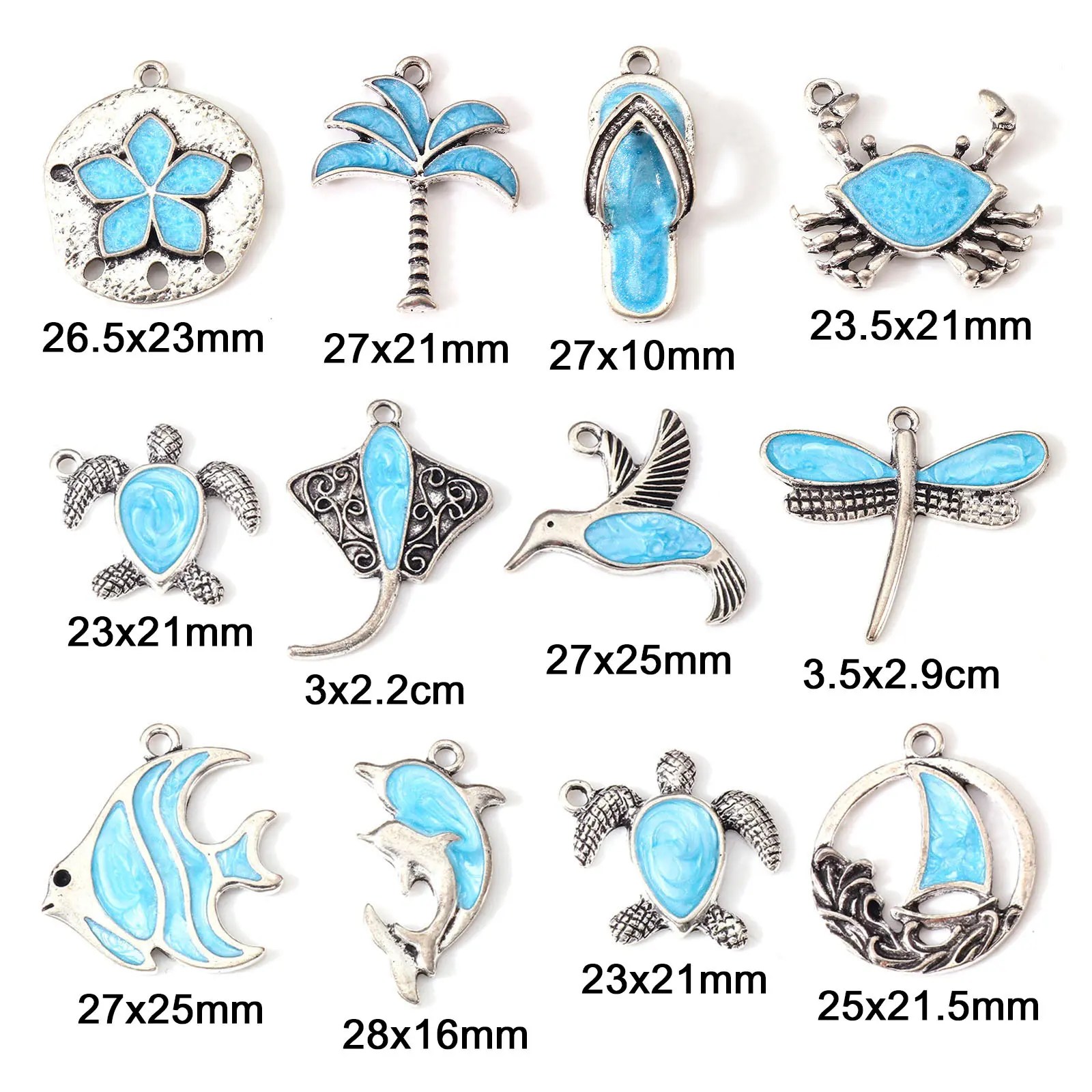 10 PCs Ancient Silvery Blue Enamel Chams Marine Organism Zinc Alloy Pendant Dolphin Fish Turtle For Earrings Necklace Diy Making