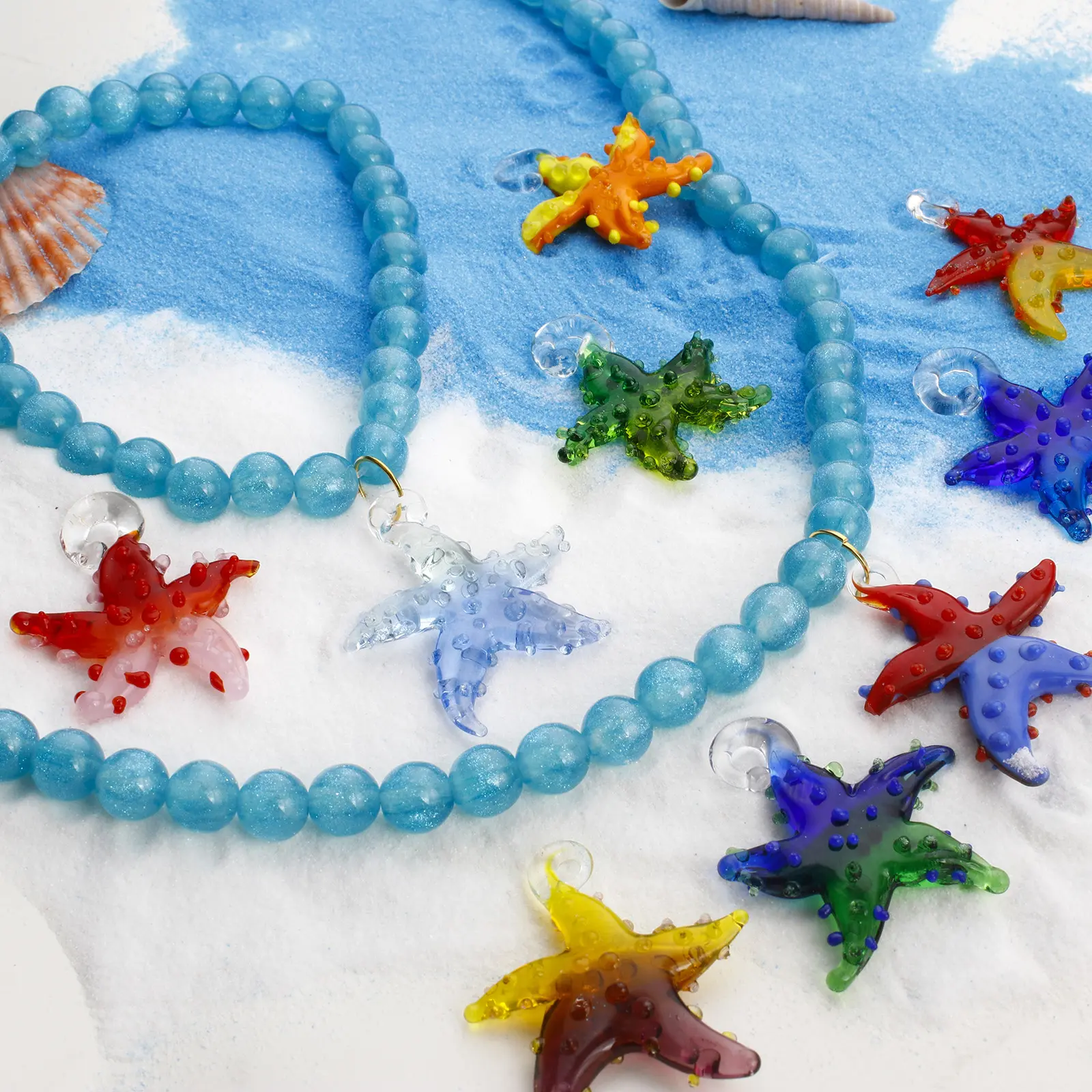 2 PCs 3D Starfish Lampwork Glass Dual color Ocean Jewelry Charm Pendants For DIY Necklace Making Ornaments Aquarium Decoration