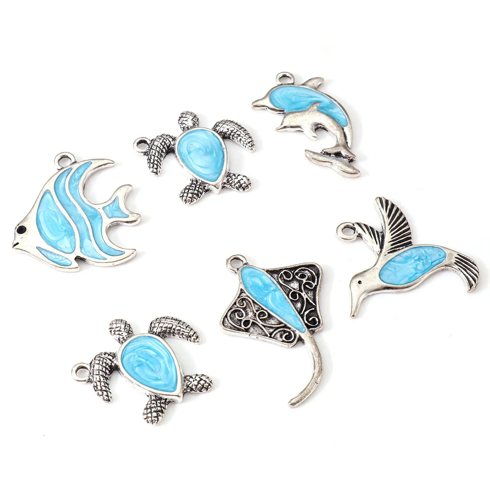 10 PCs Ancient Silvery Blue Enamel Chams Marine Organism Zinc Alloy Pendant Dolphin Fish Turtle For Earrings Necklace Diy Making