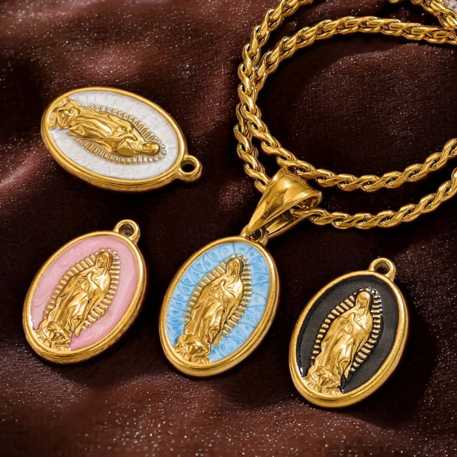 2 Piece 304 Stainless Steel Charms 18K Gold Plated Oval Virgin Mary Enamel Pendant For DIY Jewelry Necklace Making 23mm x 14.5mm