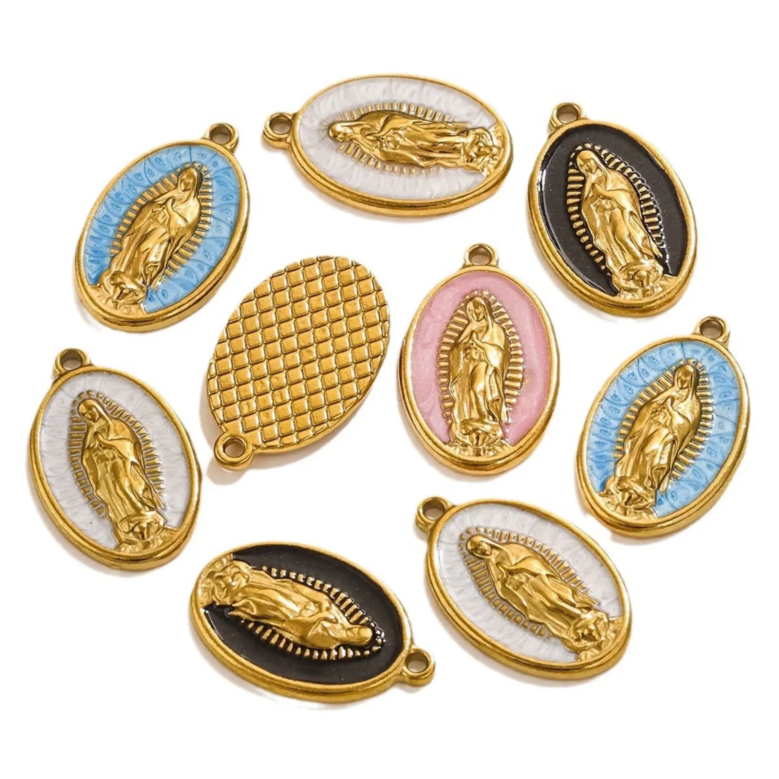 2 Piece 304 Stainless Steel Charms 18K Gold Plated Oval Virgin Mary Enamel Pendant For DIY Jewelry Necklace Making 23mm x 14.5mm