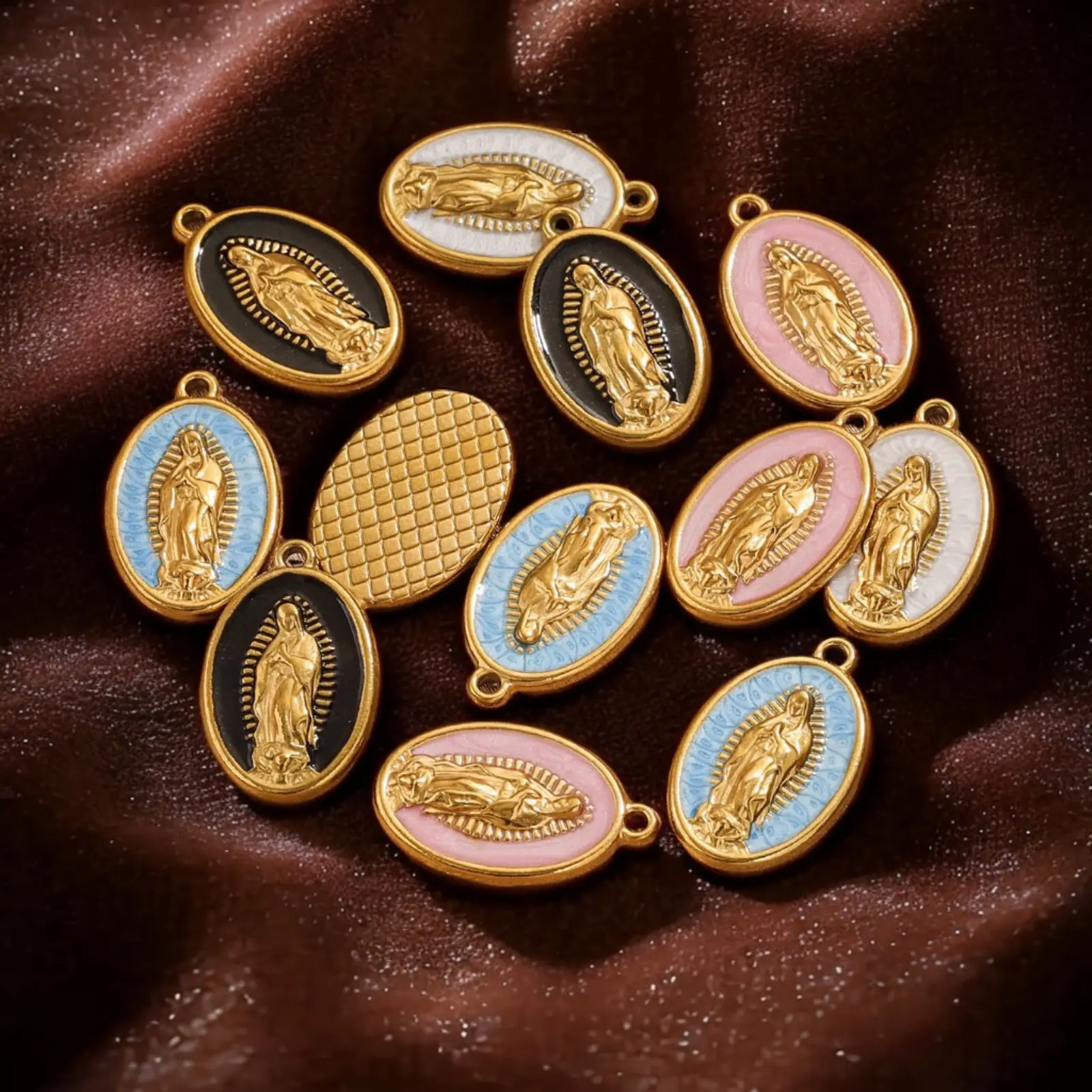 2 Piece 304 Stainless Steel Charms 18K Gold Plated Oval Virgin Mary Enamel Pendant For DIY Jewelry Necklace Making 23mm x 14.5mm