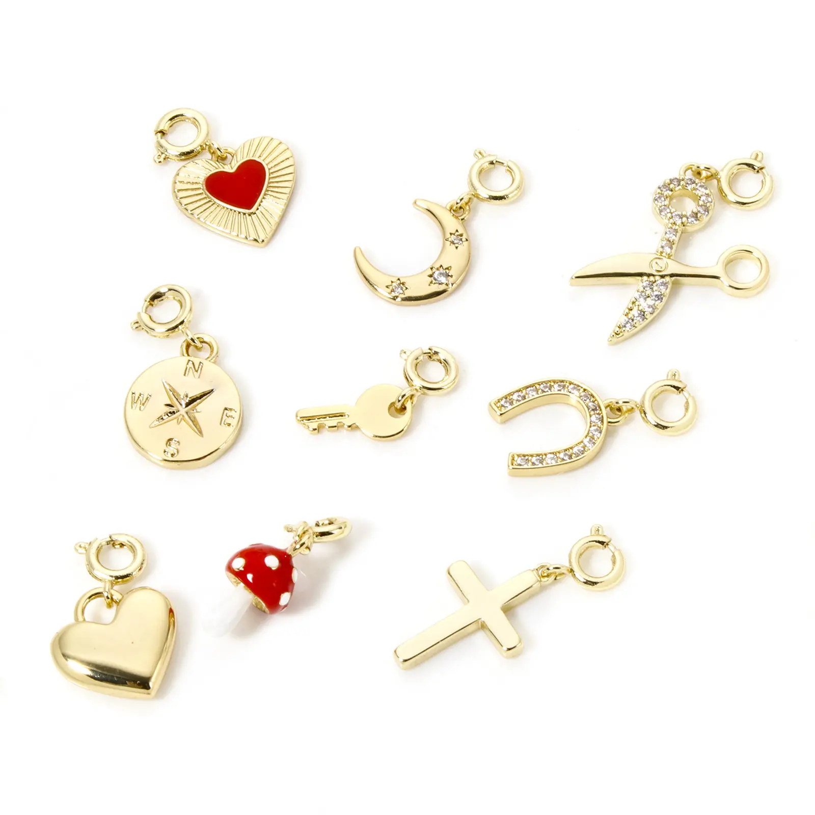 1 Piece Brass Charms 18K Gold Plated With Spring Ring Clasp Heart Horseshoe Pendants For DIY Neckalce Bracelet Jewelry Making