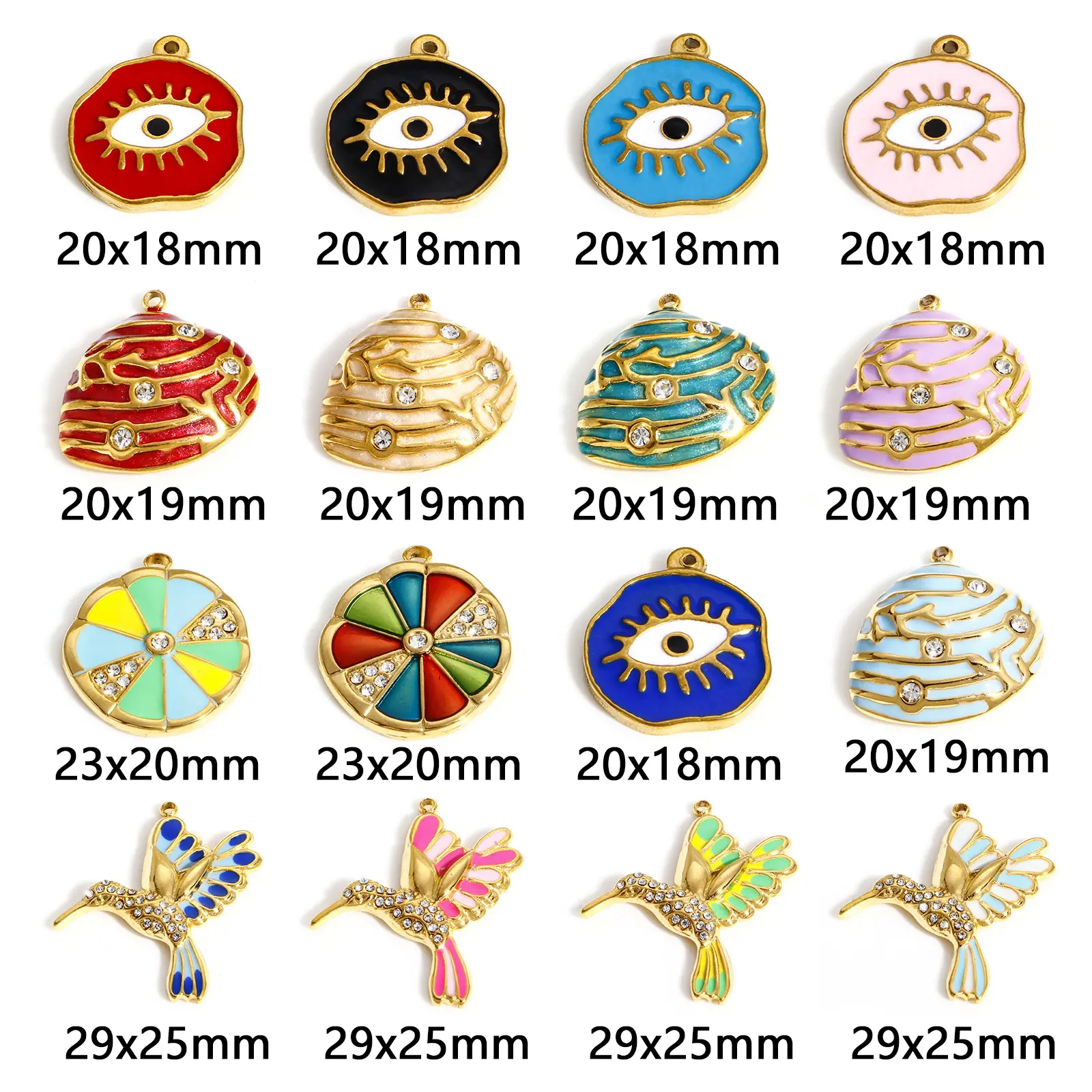 1 PC 304 Stainless Steel Hummingbird Evil Eye Charms For Jewelry Making Gold Color Enamel Shell Rhinestone DIY Necklace Pendants