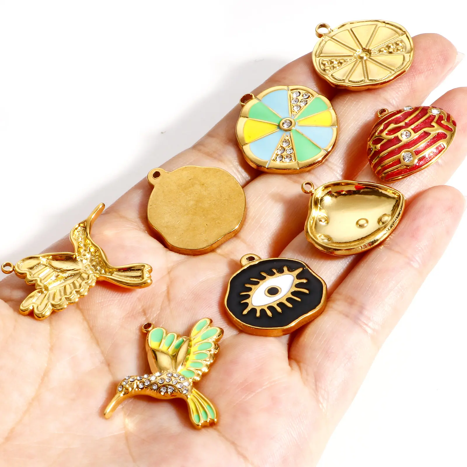 1 PC 304 Stainless Steel Hummingbird Evil Eye Charms For Jewelry Making Gold Color Enamel Shell Rhinestone DIY Necklace Pendants