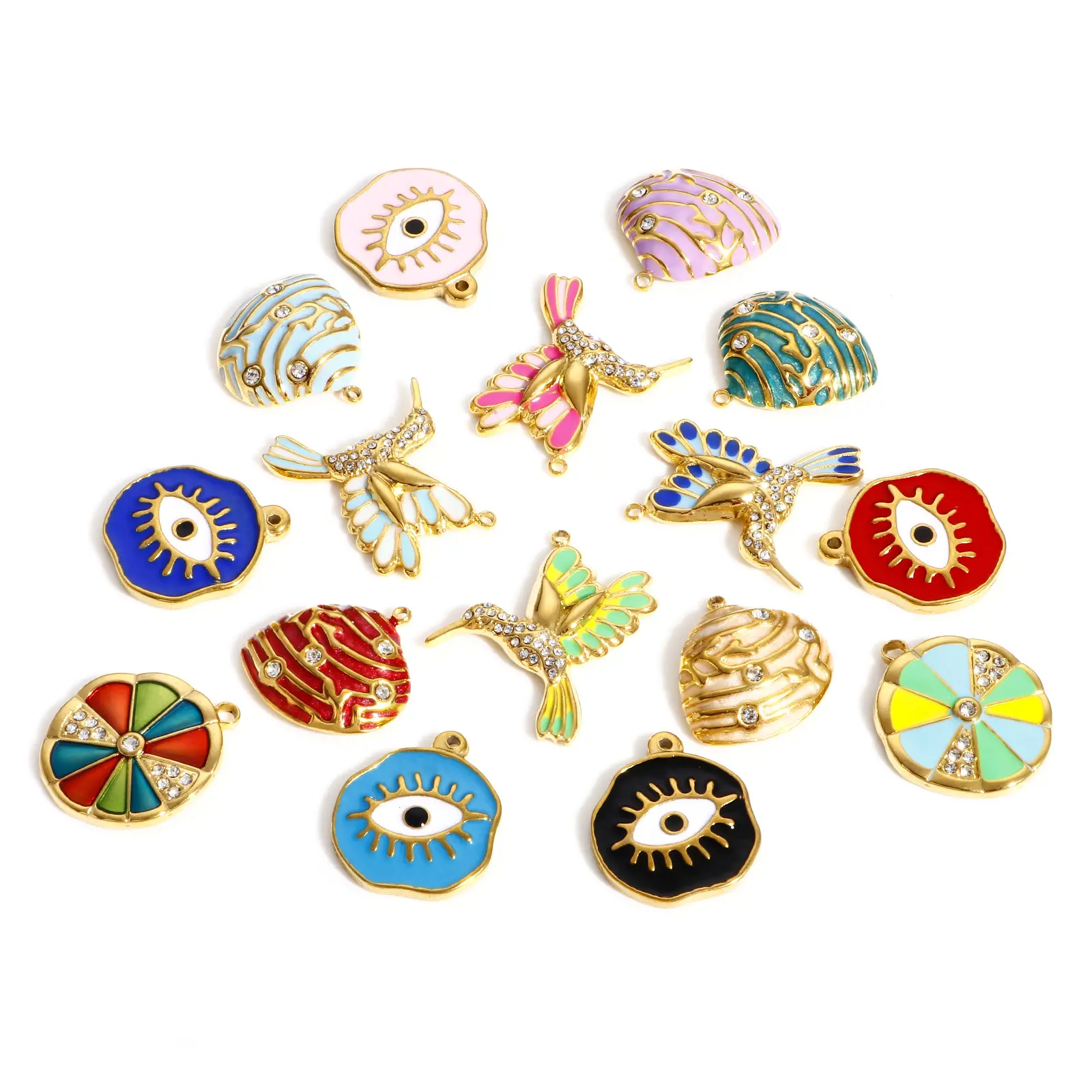 1 PC 304 Stainless Steel Hummingbird Evil Eye Charms For Jewelry Making Gold Color Enamel Shell Rhinestone DIY Necklace Pendants