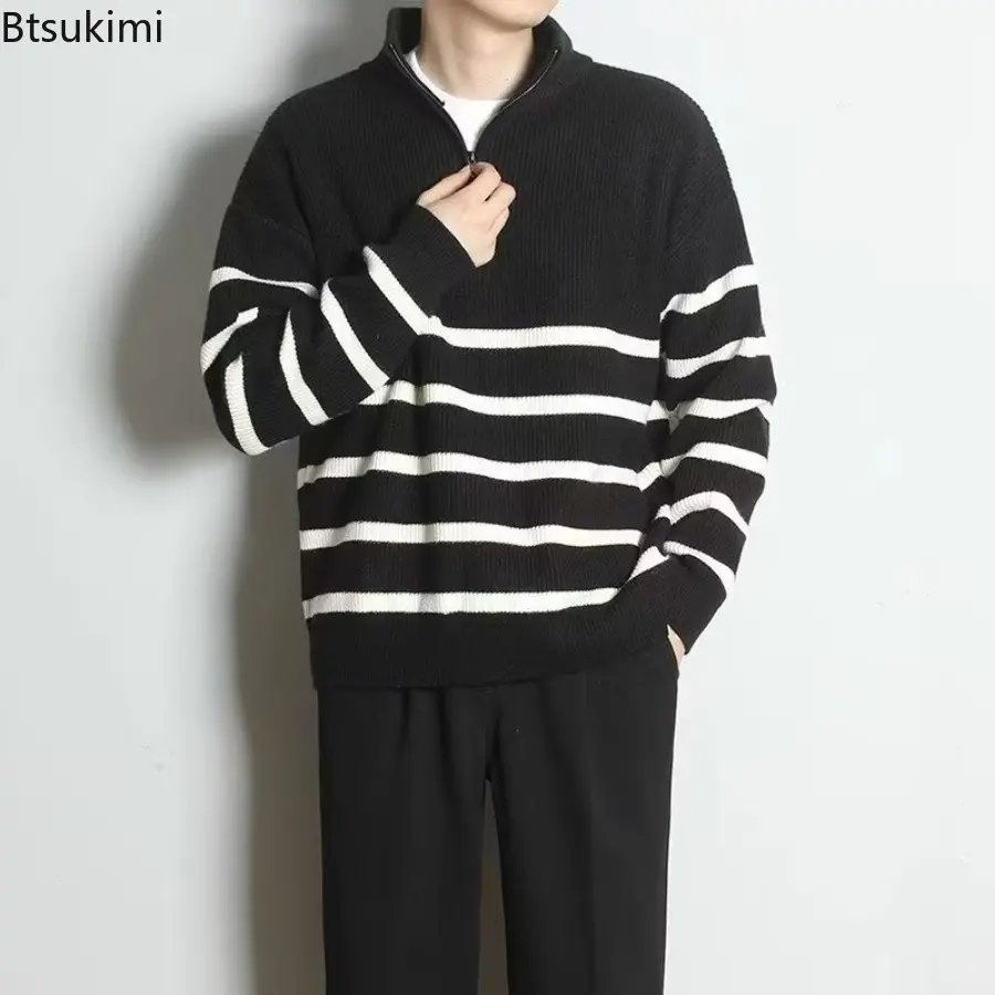 2025 Autumn Winter Half Zipper Sweaters Men's Long Sleeve Striped Loose Pullovers Knitwear Autumn Y2K Streetwear Knitted Sweater