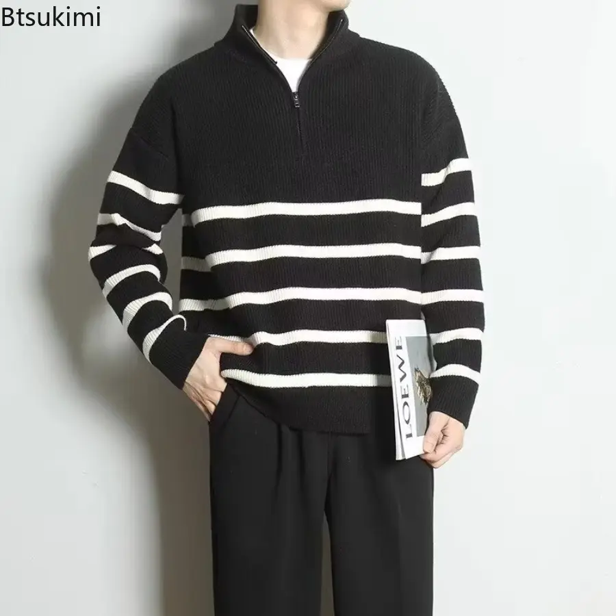 2025 Autumn Winter Half Zipper Sweaters Men's Long Sleeve Striped Loose Pullovers Knitwear Autumn Y2K Streetwear Knitted Sweater
