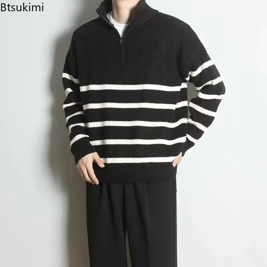 2025 Autumn Winter Half Zipper Sweaters Men's Long Sleeve Striped Loose Pullovers Knitwear Autumn Y2K Streetwear Knitted Sweater