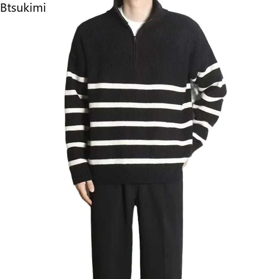 2025 Autumn Winter Half Zipper Sweaters Men's Long Sleeve Striped Loose Pullovers Knitwear Autumn Y2K Streetwear Knitted Sweater