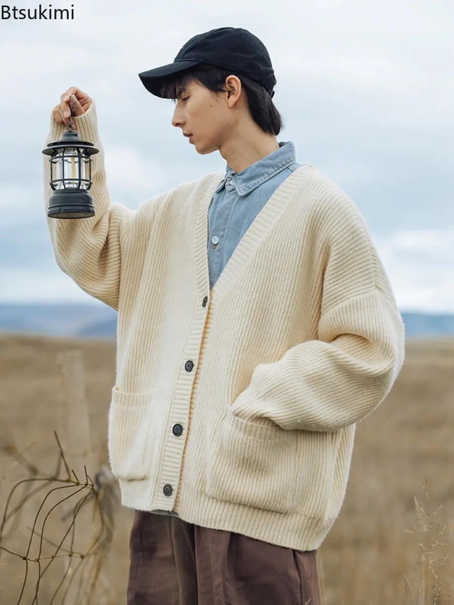 2025 Autumn Winter Trendy Men's Coarse Needle Knitted Sweater Loose V-neck Single-breasted Solid Color Knitting Cardigan Coat