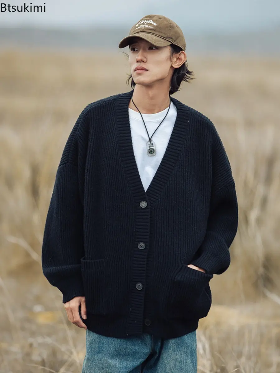 2025 Autumn Winter Trendy Men's Coarse Needle Knitted Sweater Loose V-neck Single-breasted Solid Color Knitting Cardigan Coat