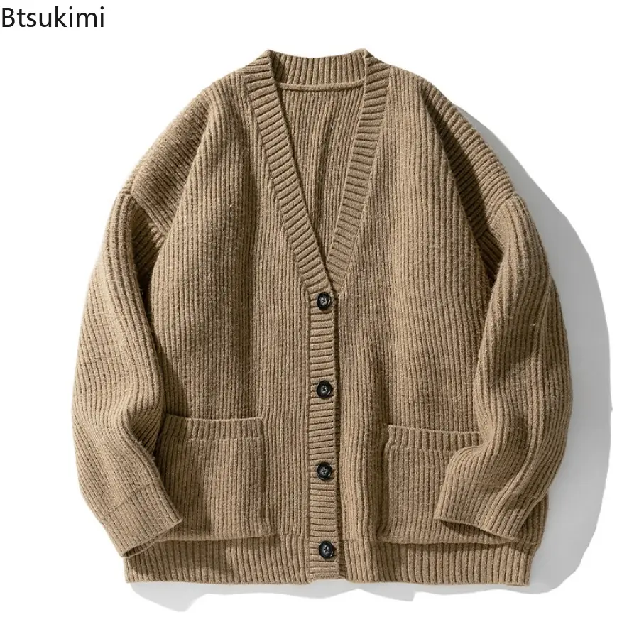 2025 Autumn Winter Trendy Men's Coarse Needle Knitted Sweater Loose V-neck Single-breasted Solid Color Knitting Cardigan Coat