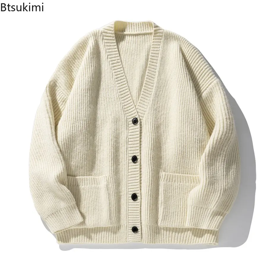 2025 Autumn Winter Trendy Men's Coarse Needle Knitted Sweater Loose V-neck Single-breasted Solid Color Knitting Cardigan Coat