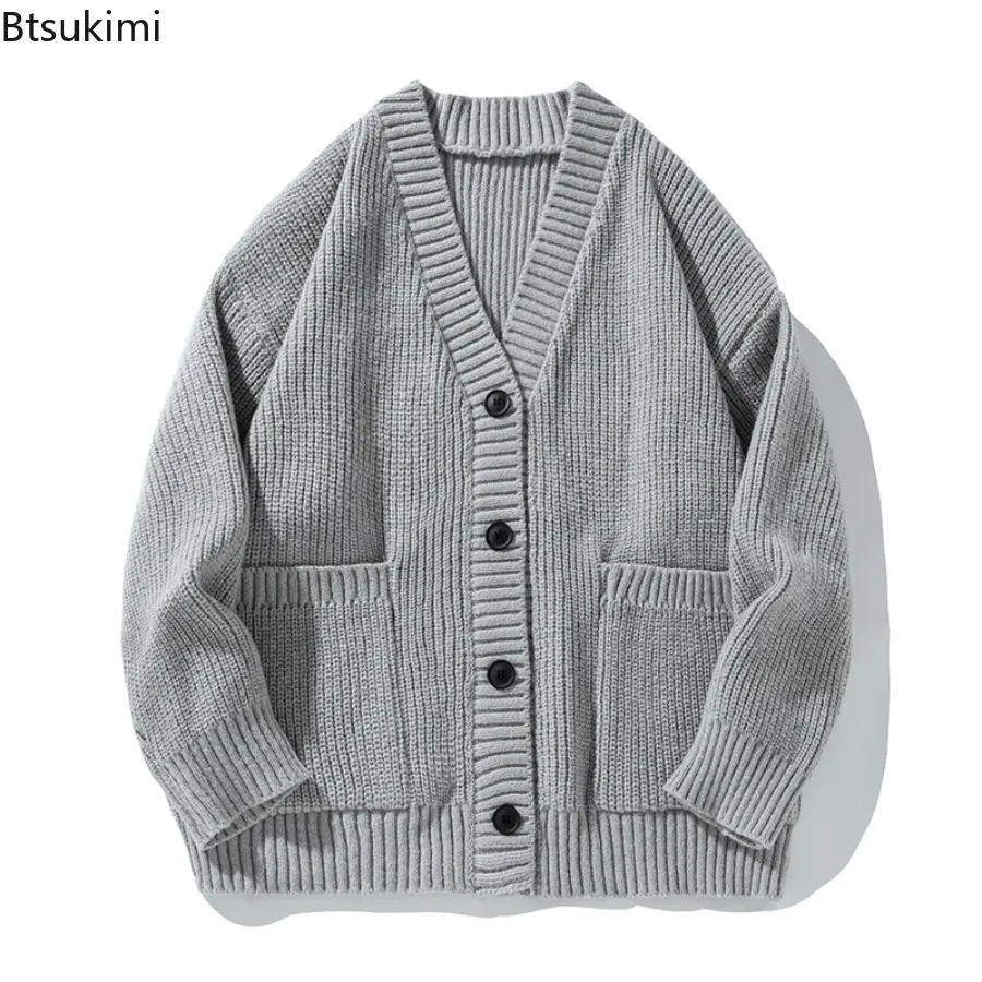 2025 Autumn Winter Trendy Men's Coarse Needle Knitted Sweater Loose V-neck Single-breasted Solid Color Knitting Cardigan Coat