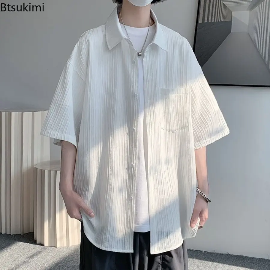 2025 Men's New Ice Silk Shirt Flip Collar Short Sleeve Summer Loose Shirt Fashion Versatile Shirt Coat Casual Trendy Streetwear