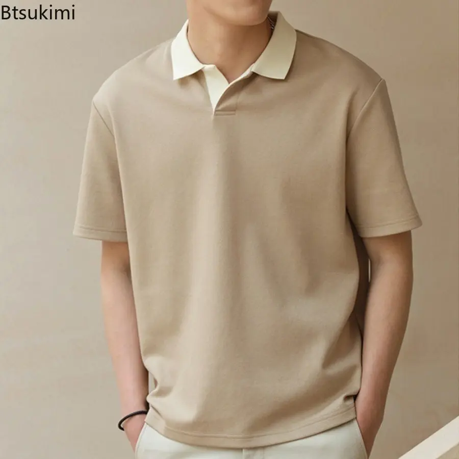 2025 Men's Summer Short-sleeved Loose Lapel T-shirts Fashion Contrast Color Casual Tees Man High Quality Versatile Handsome Tops