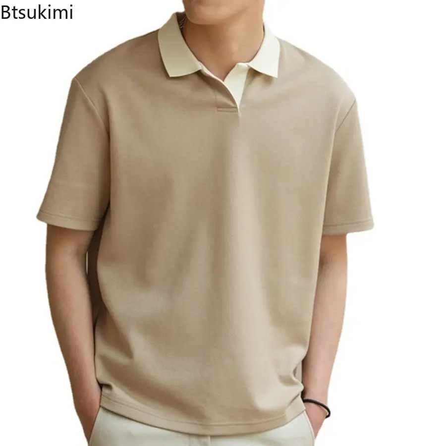 2025 Men's Summer Short-sleeved Loose Lapel T-shirts Fashion Contrast Color Casual Tees Man High Quality Versatile Handsome Tops