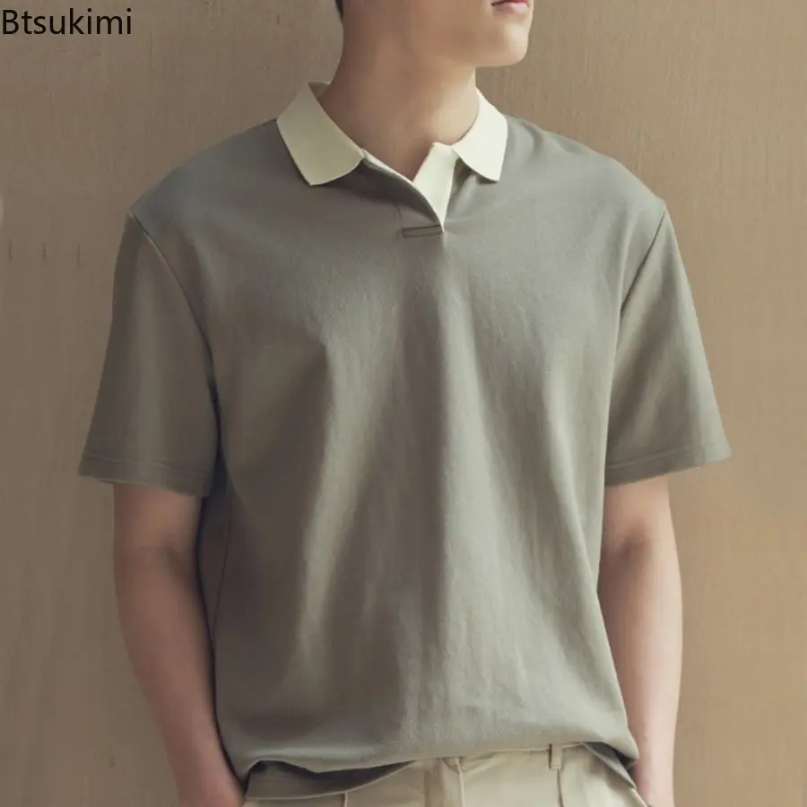 2025 Men's Summer Short-sleeved Loose Lapel T-shirts Fashion Contrast Color Casual Tees Man High Quality Versatile Handsome Tops