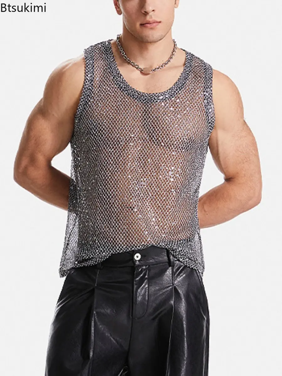 Sexy Men's Hollow Out Mesh Tank Tops Fashion Sequin Woven Casual Sleeveless Vest Tops 2025 See Through Streetwear Male Waistcoat