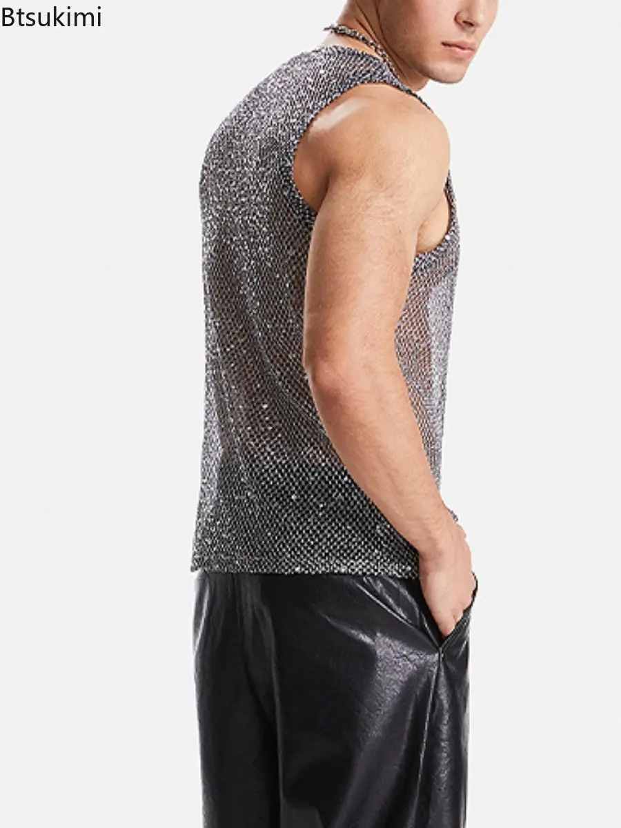 Sexy Men's Hollow Out Mesh Tank Tops Fashion Sequin Woven Casual Sleeveless Vest Tops 2025 See Through Streetwear Male Waistcoat