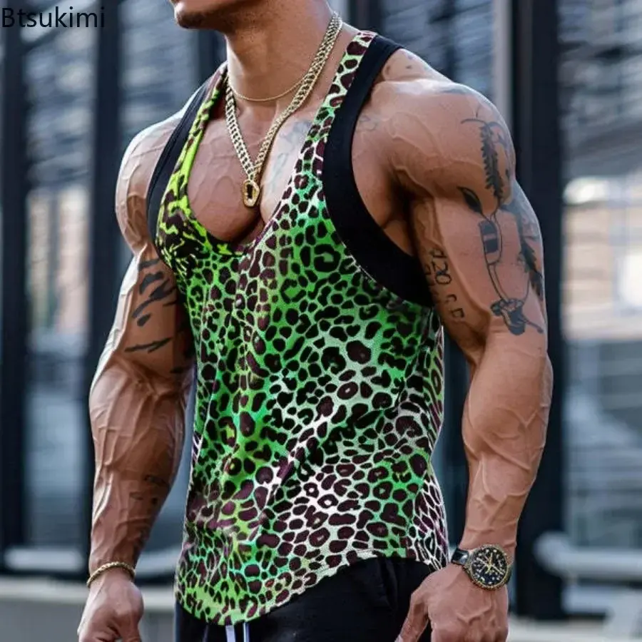 2025 Punk Style Men's Leopard Print Sleeveless T-shirts Vintage Loose Casual Personalized Tank Tops Men High Street Muscle Vest