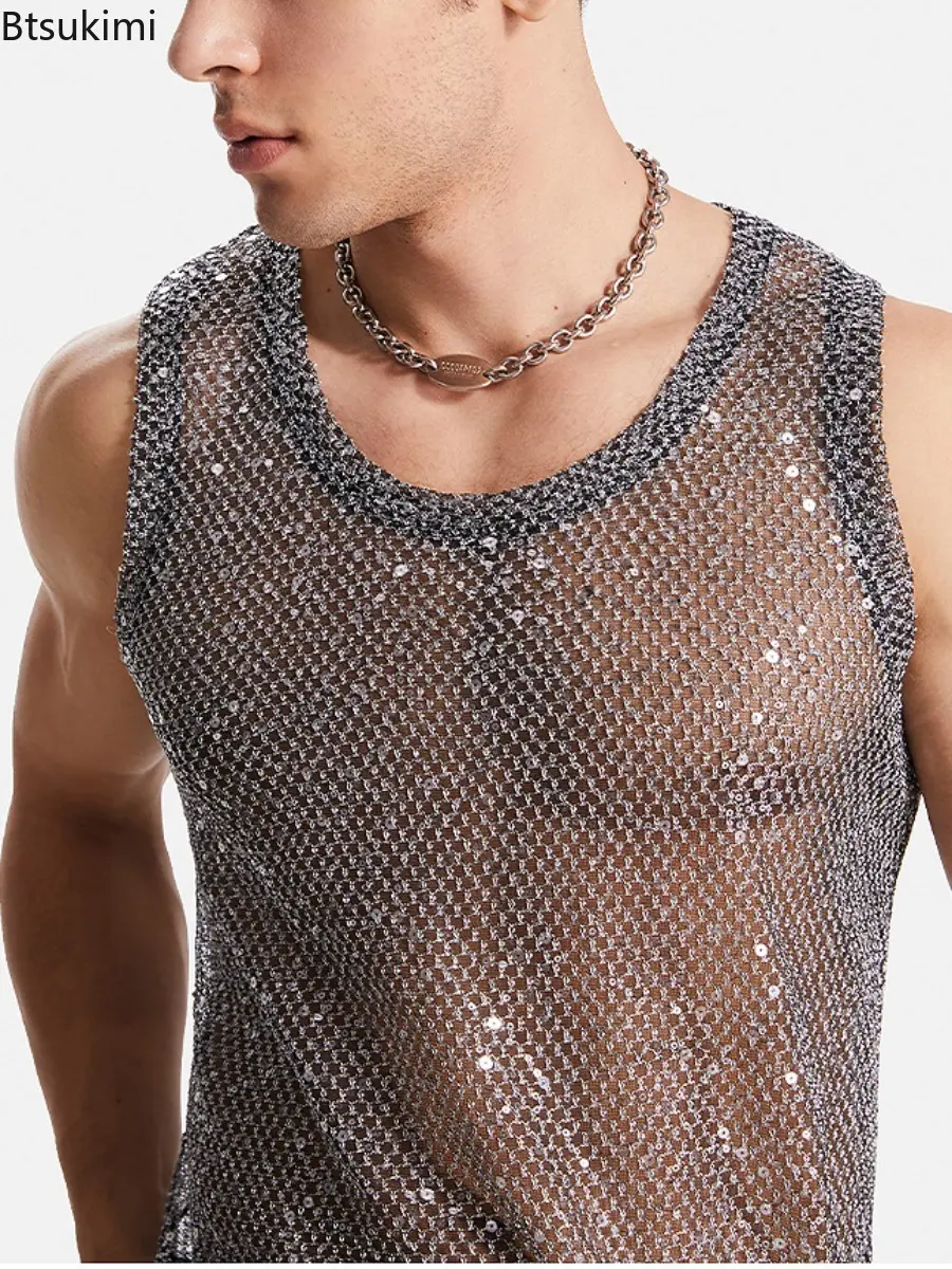 Sexy Men's Hollow Out Mesh Tank Tops Fashion Sequin Woven Casual Sleeveless Vest Tops 2025 See Through Streetwear Male Waistcoat