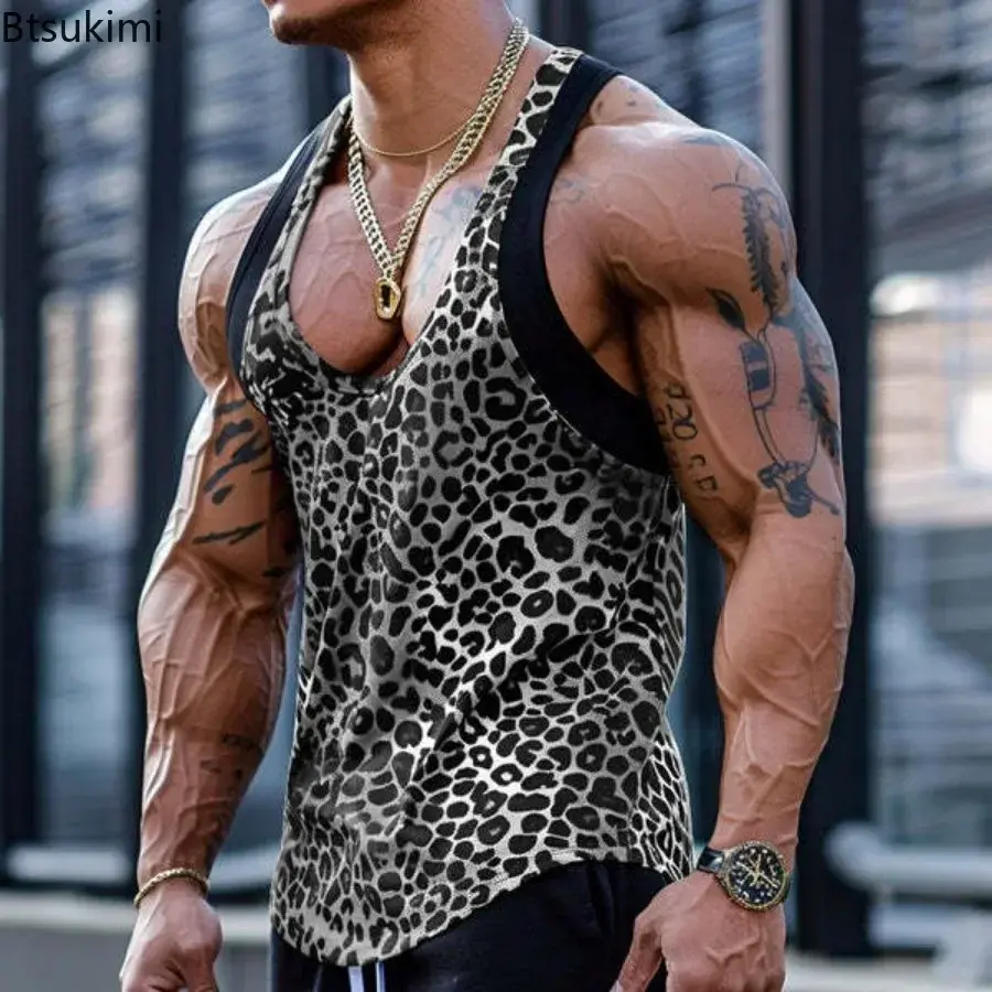 2025 Punk Style Men's Leopard Print Sleeveless T-shirts Vintage Loose Casual Personalized Tank Tops Men High Street Muscle Vest