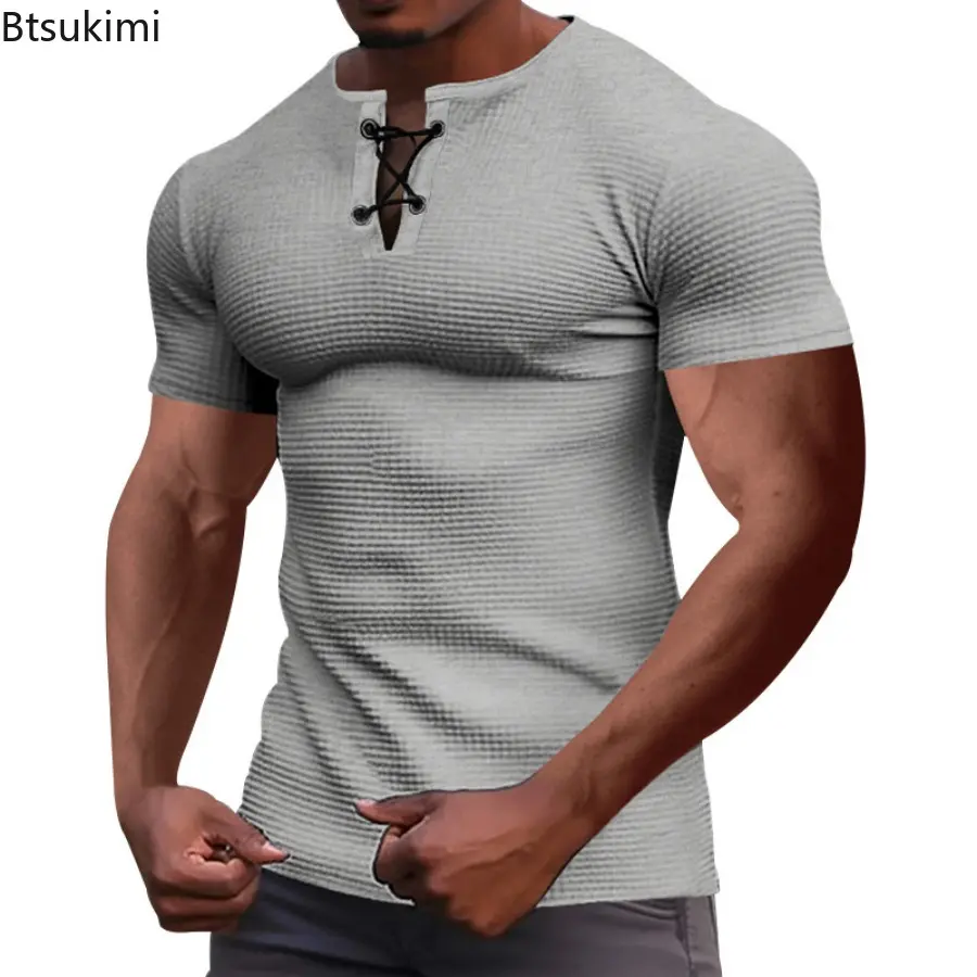 Fashion Men's Casual Short Sleeve T-shirts Summer New Solid Simple Henry Shirts Men Comfy Sport Tees Vintage Versatile Slim Tops